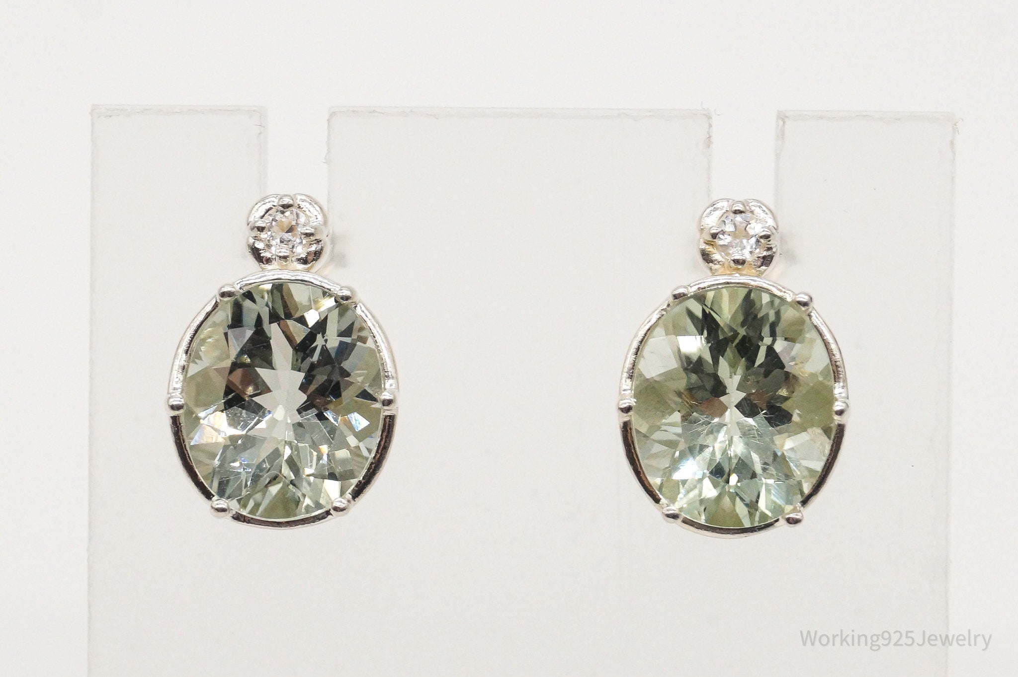 Vintage Large Prasiolite Cubic Zirconia Sterling Silver Earrings