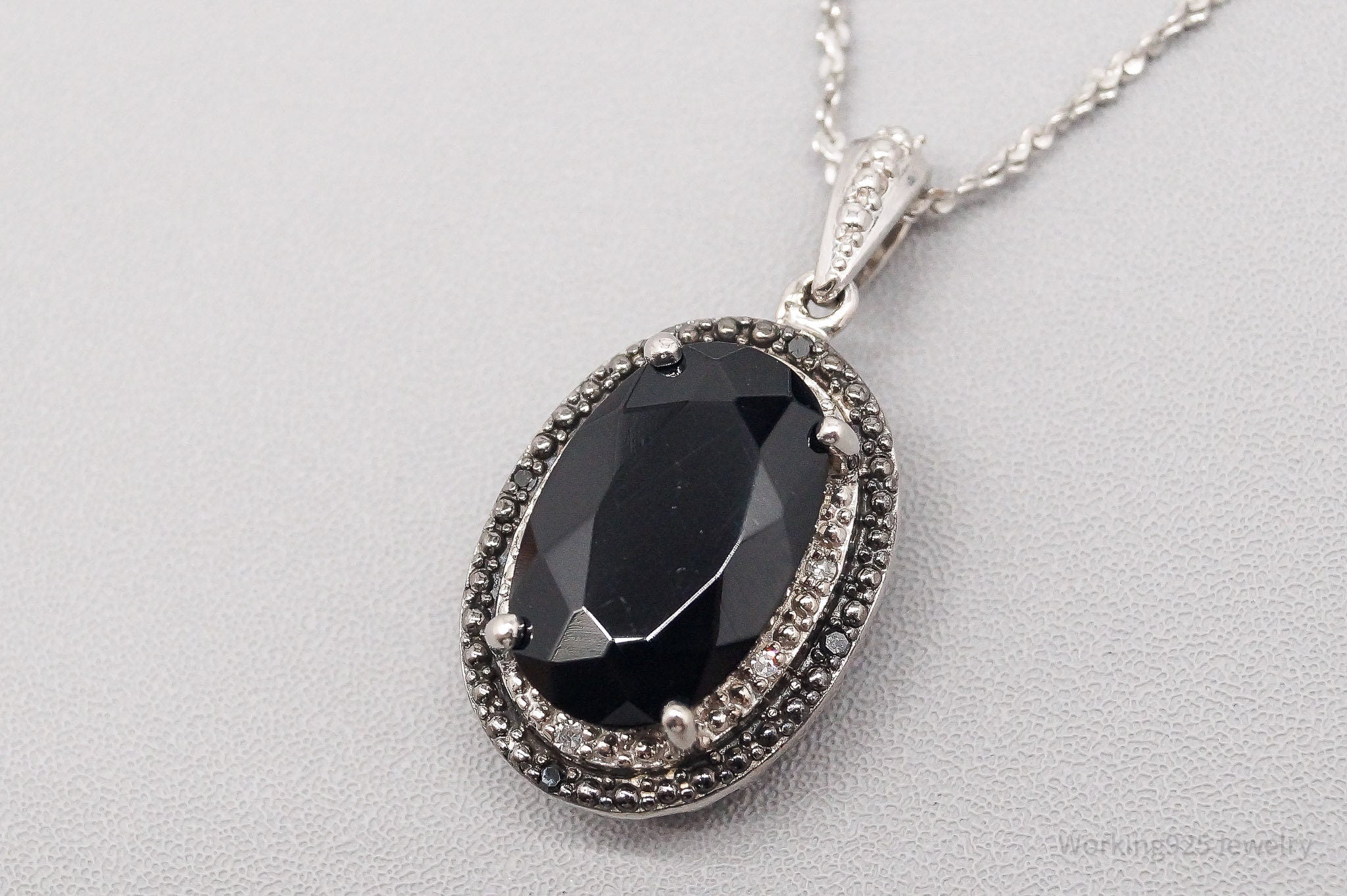 Vintage Black Tourmaline Black & White Diamond Sterling Silver Necklace 18"