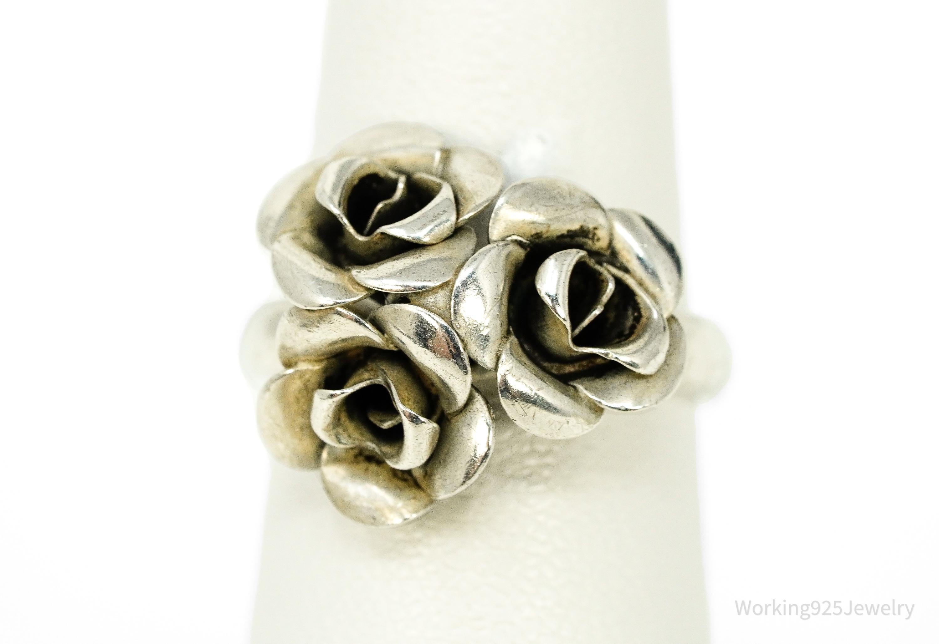 Vintage BEAU Flower Bouquet Adjustable Sterling Silver Ring - Size 6.75