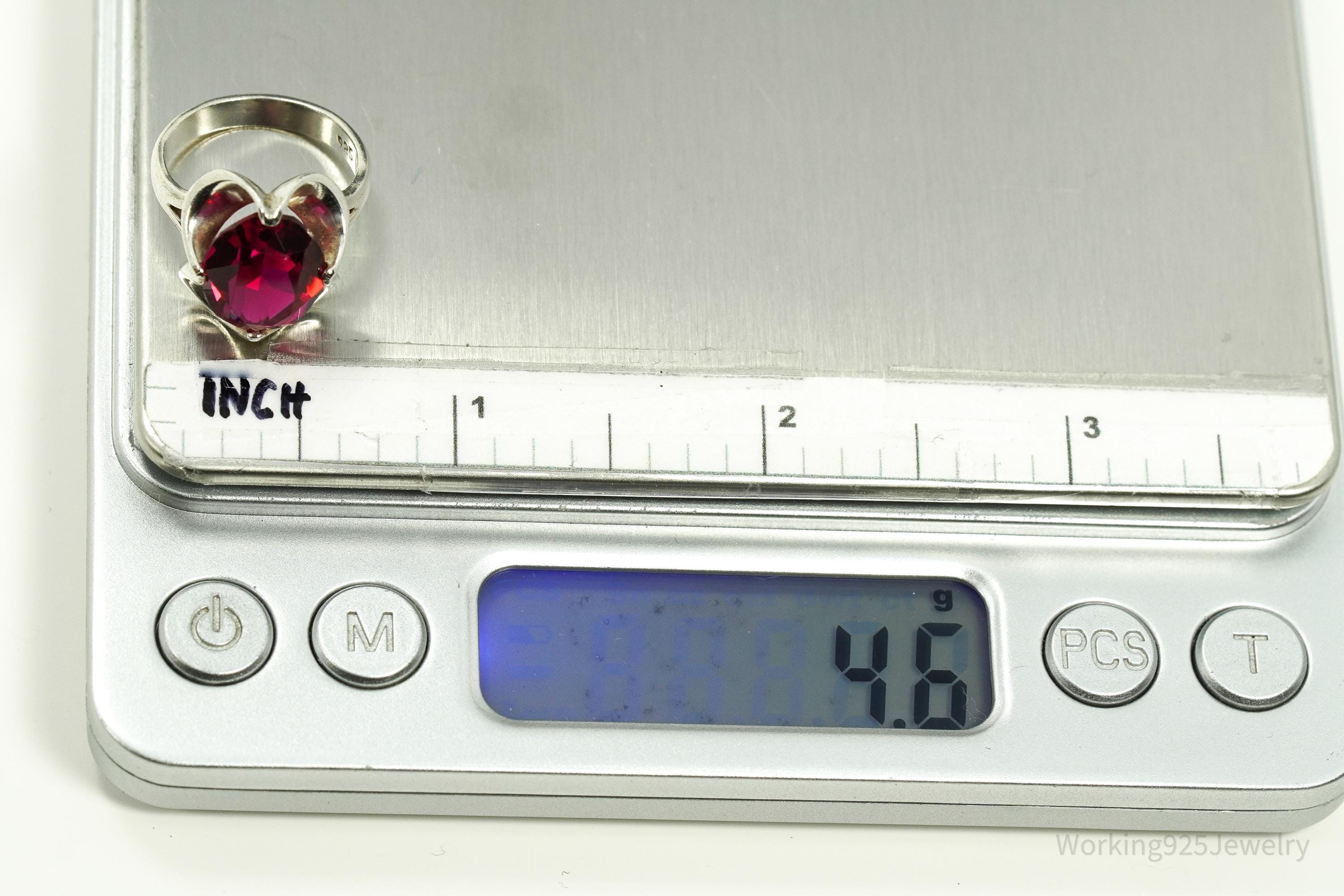 Vintage Mexico Modernist Red Paste Glass Stone Sterling Silver Ring - Size 5