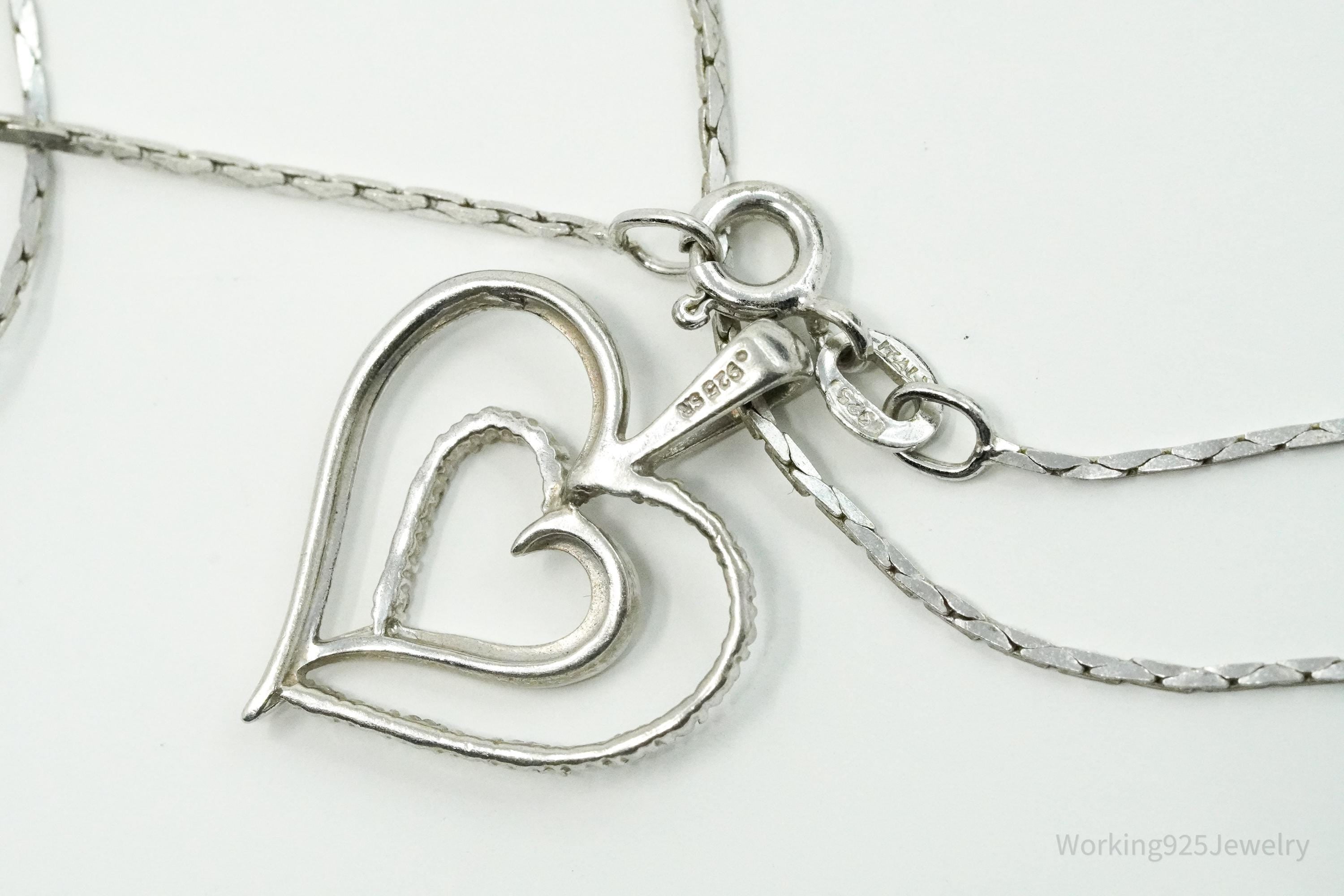 Vintage Diamond Heart Sterling Silver Necklace - 16"