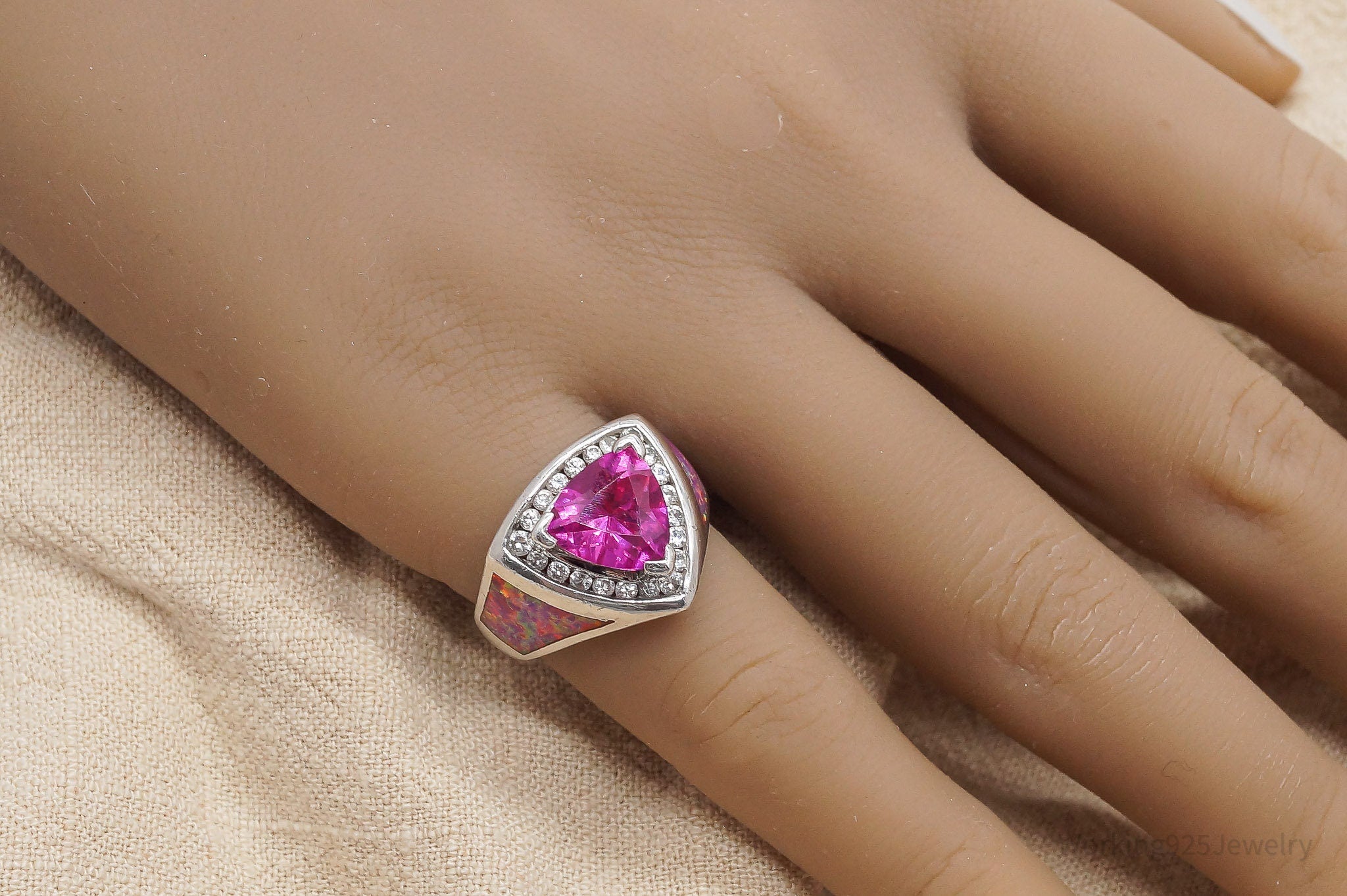 Vintage TGI Pink Sapphire Opal Inlay Cubic Zirconia Sterling Silver Ring - SZ 6