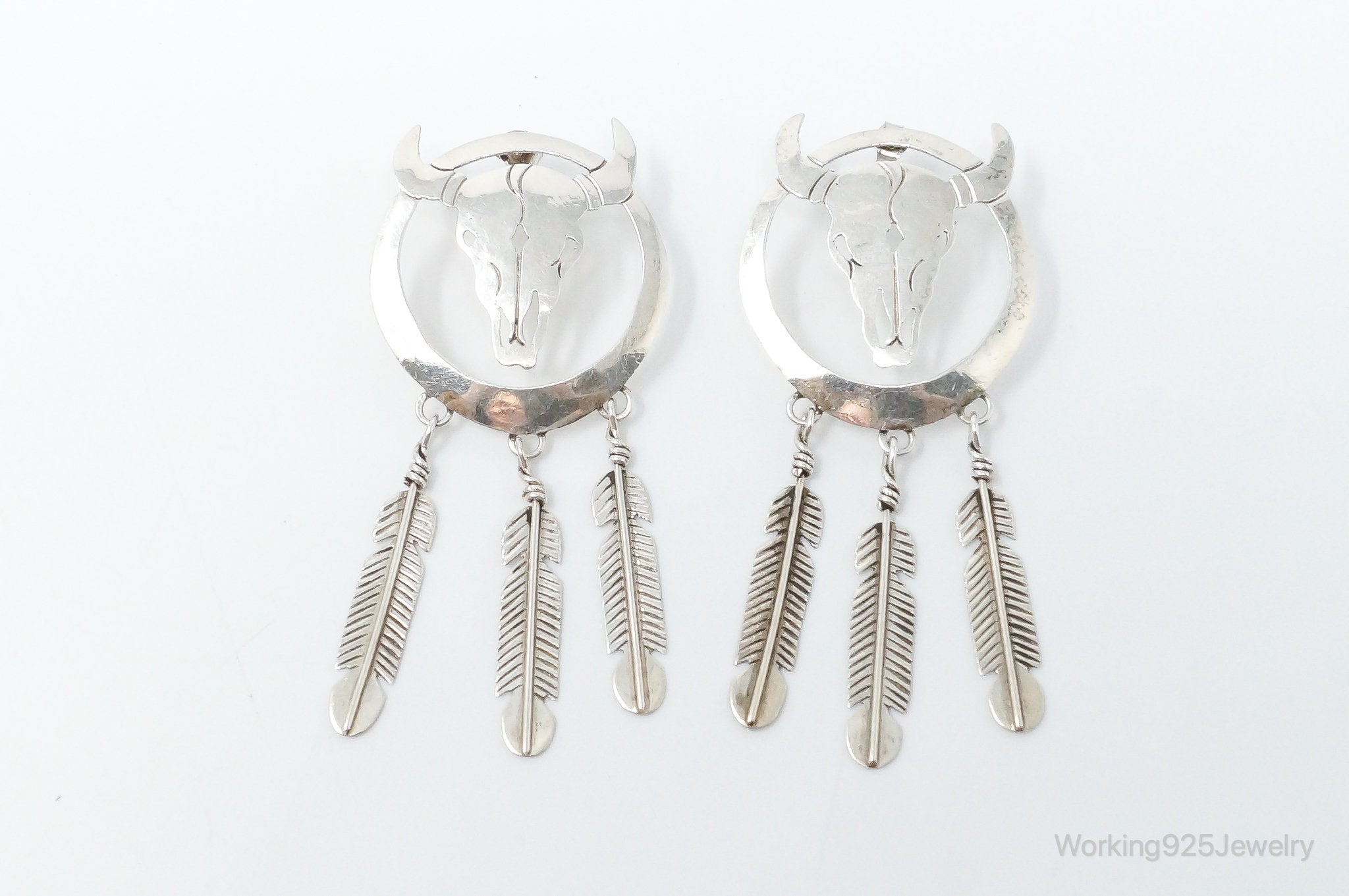 Vintage Native American WS Skull Dream Catcher Sterling Silver Earrings