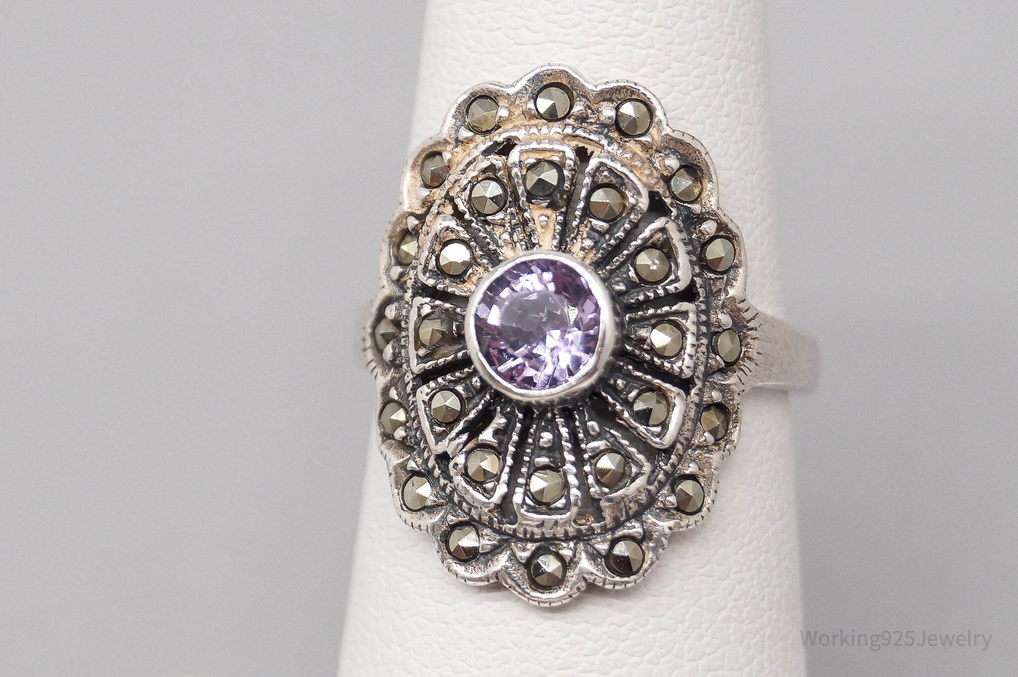 Vintage Amethyst Marcasite Sterling Silver Ring - Size 5.75