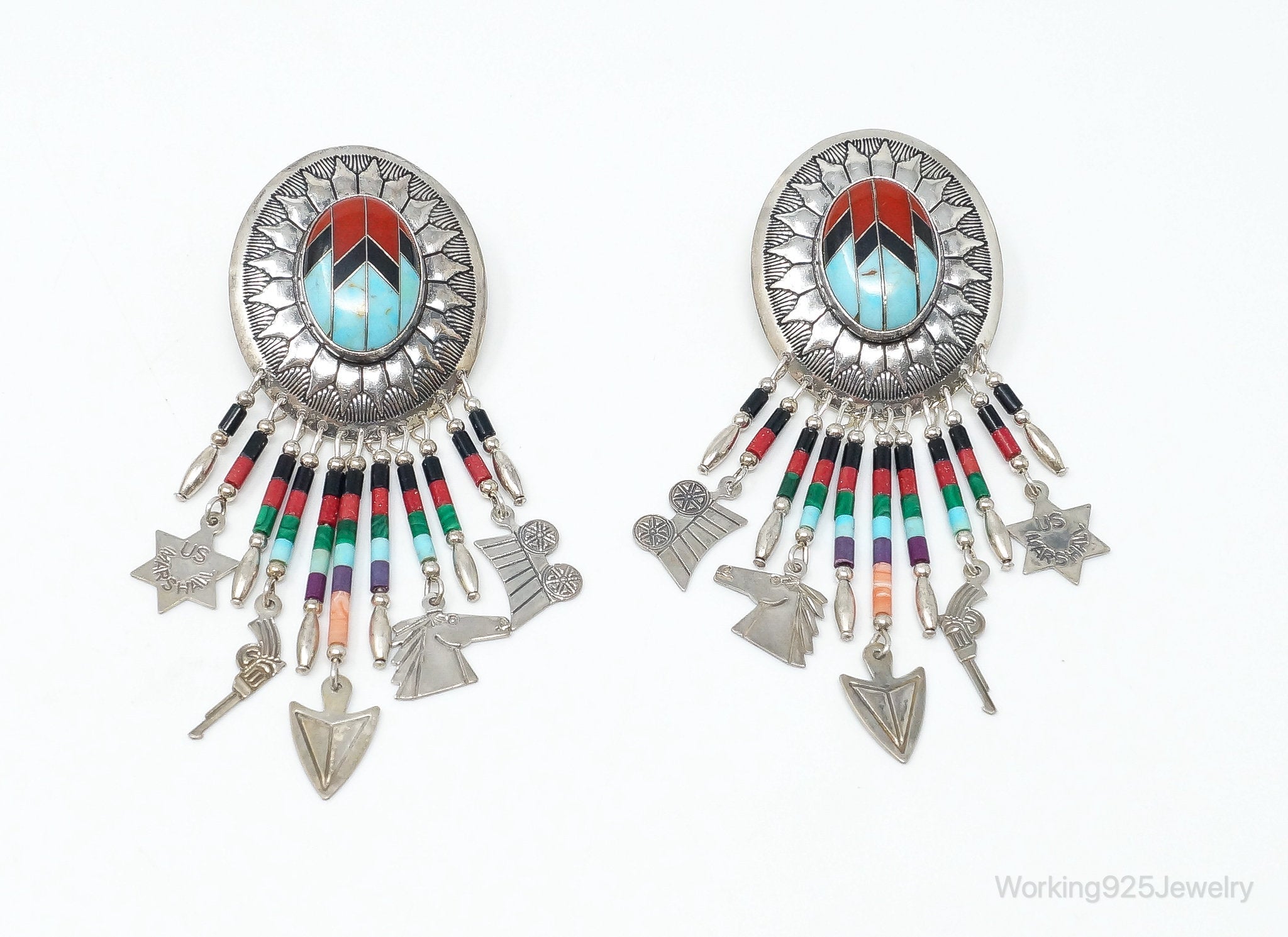 Vintage Native American Running Bear Shop Multi Gem Sterling Silver Earrings