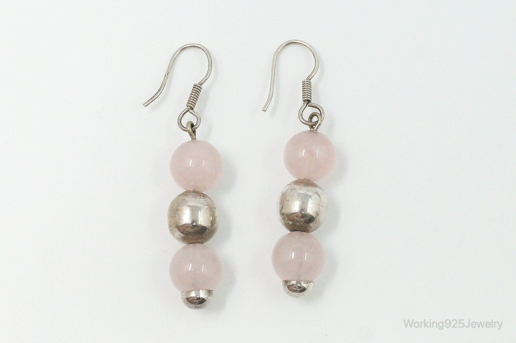 Vintage Rose Quartz Sterling Silver Dangle Earrings