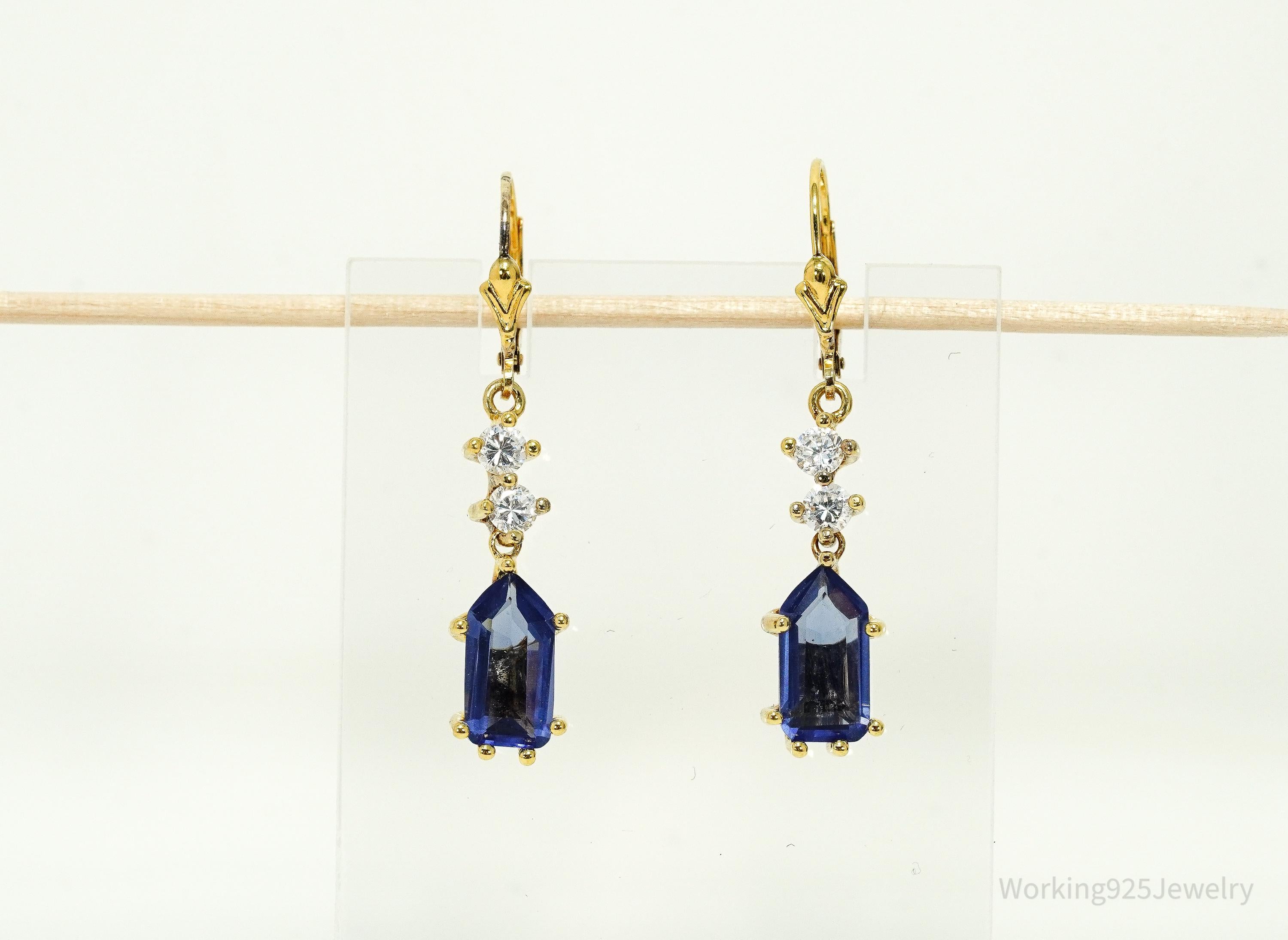 Vintage Lab Created Tanzanite & Cubic Zirconia Gold Vermeil Sterling Silver Earrings