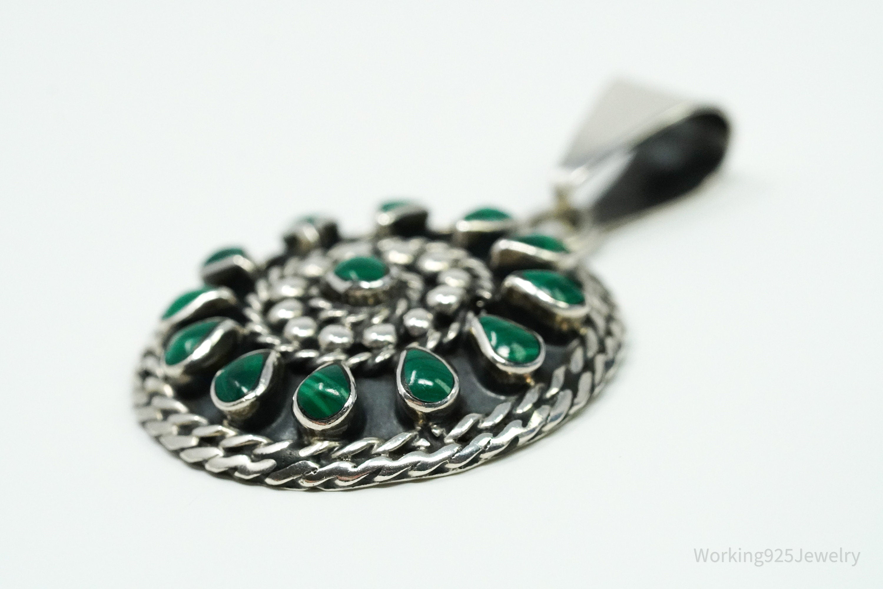 Vintage Large Mexico Malachite Sterling Silver Pendant 1 5/8"