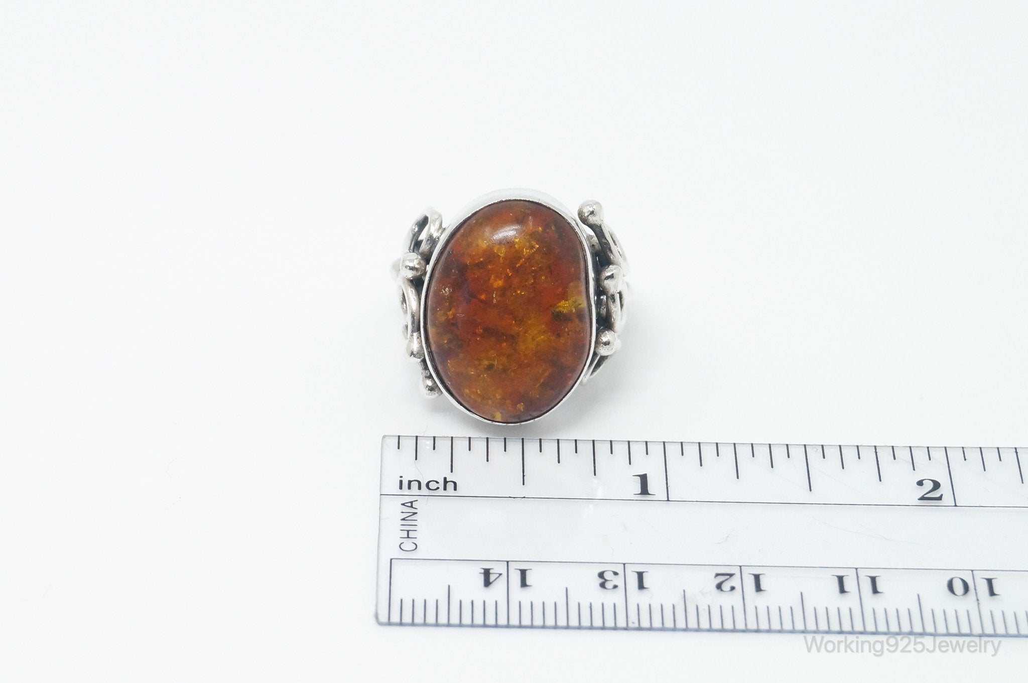 Vintage Large Baltic Amber Modern Sterling Silver Ring - Size 6.25