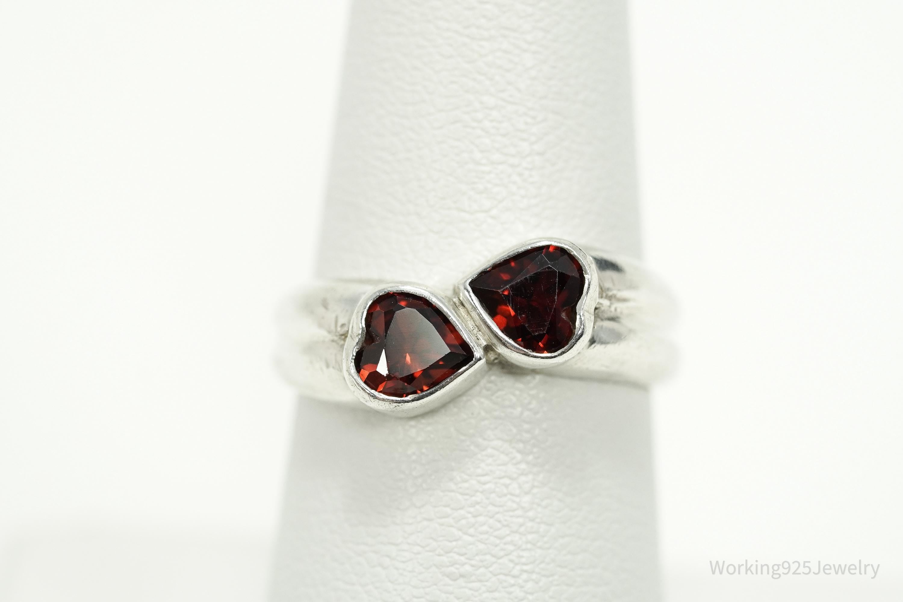 Vintage Garnet Hearts Sterling Silver Ring - Size 7.25
