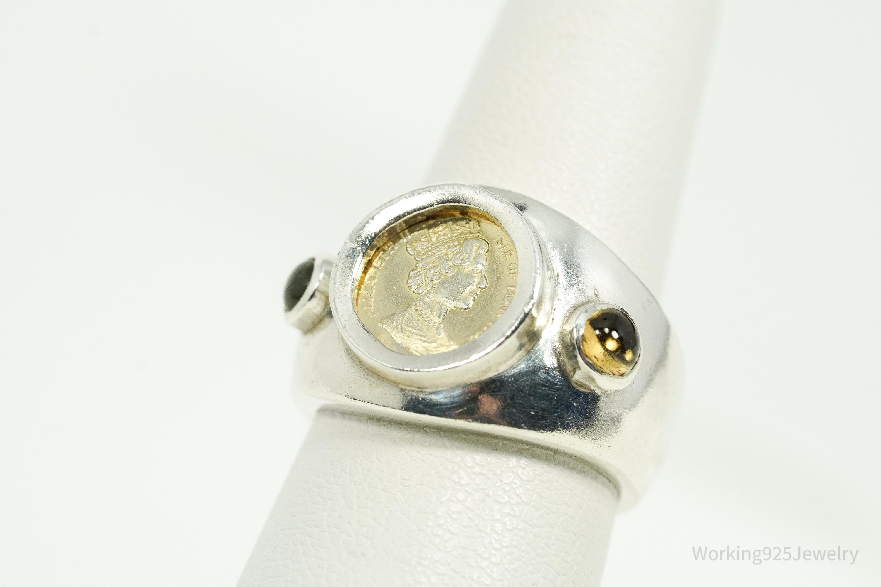 Vintage 1988 Queen Elizabeth II Isle of Man Coin Sterling Silver Ring - Size 6.75