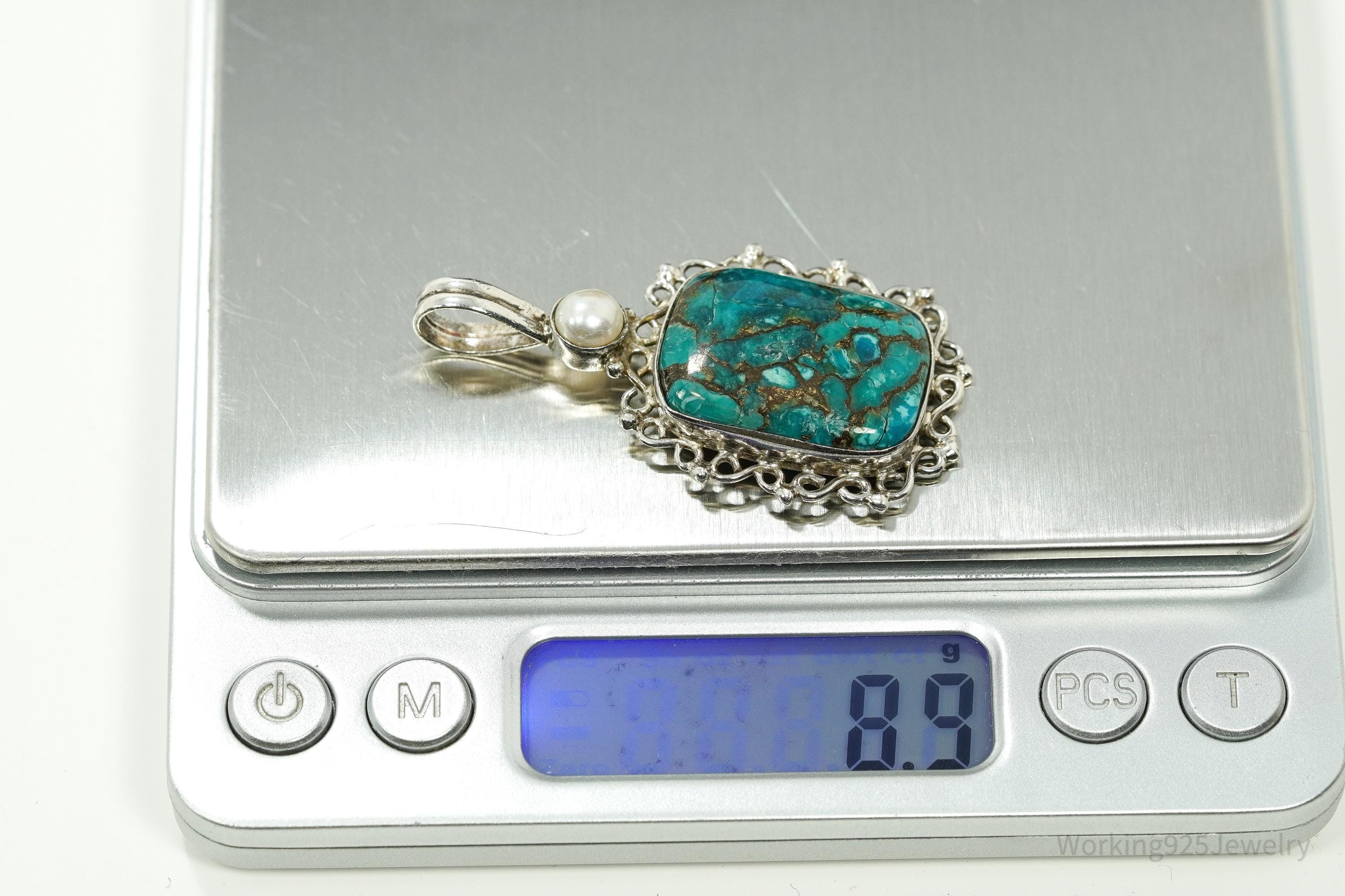 Vintage Turquoise & Pearl Sterling Silver Pendant