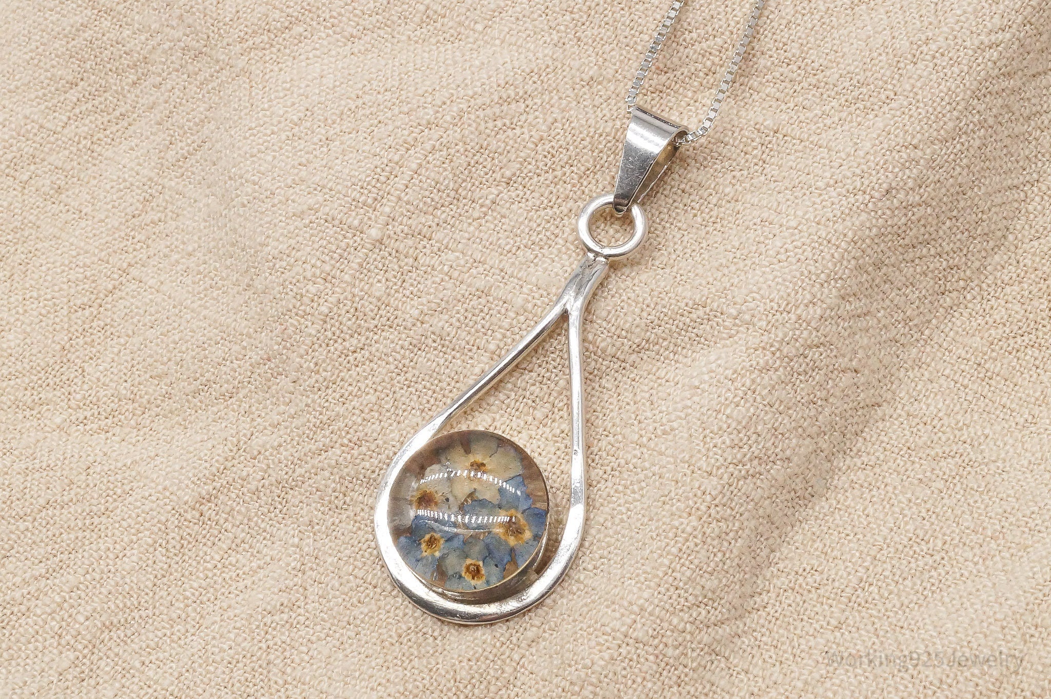 Vintage Dried Flowers Sterling Silver Necklace 20"