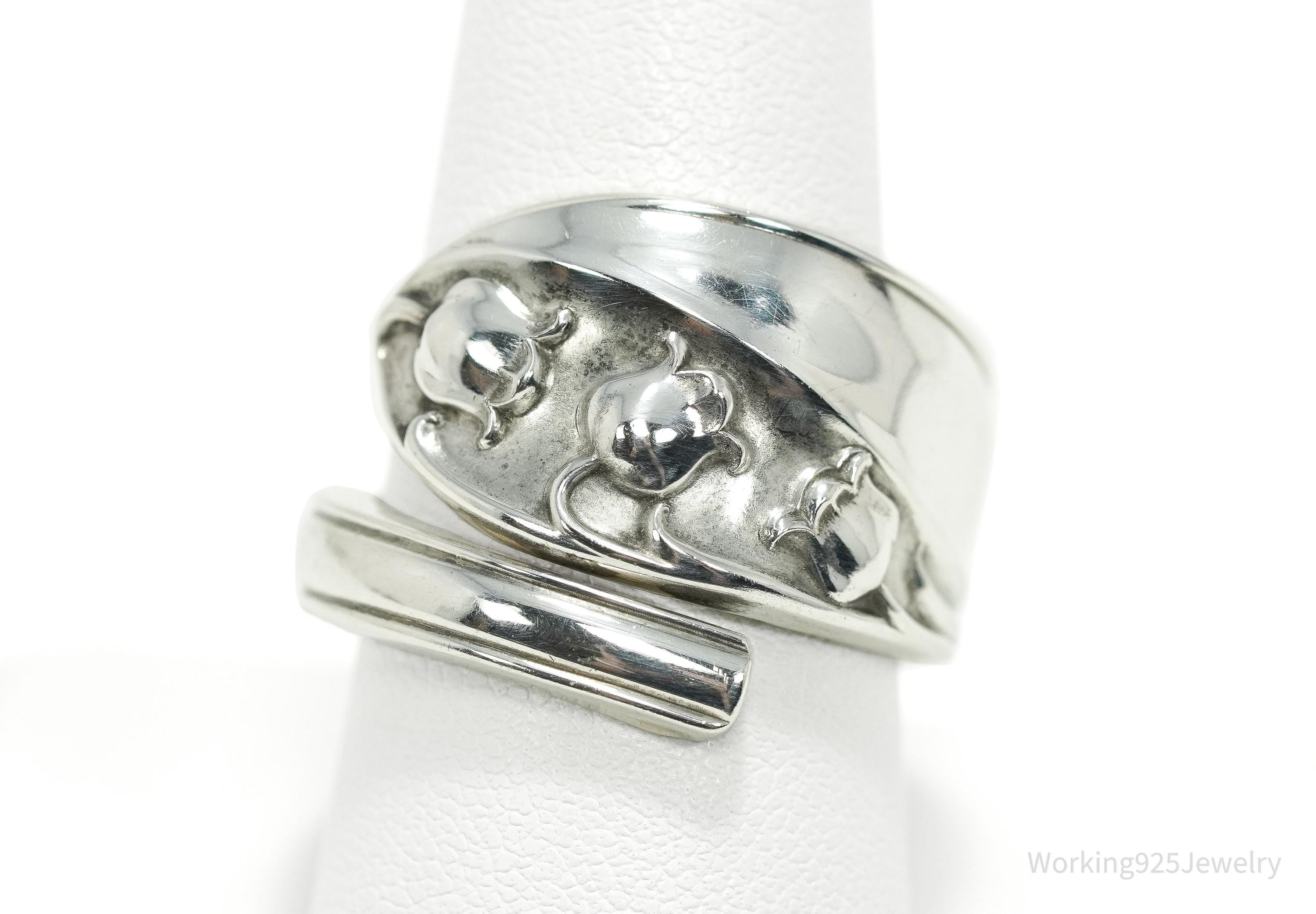 Antique Vintage Lily Of The Valley Sterling Silver Spoon Ring - Size 9.75