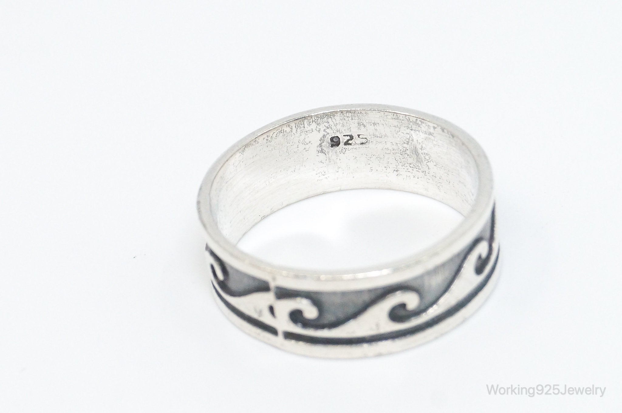 Vintage Wave Scroll Oxidized Design Sterling Silver Band Ring - Size 10