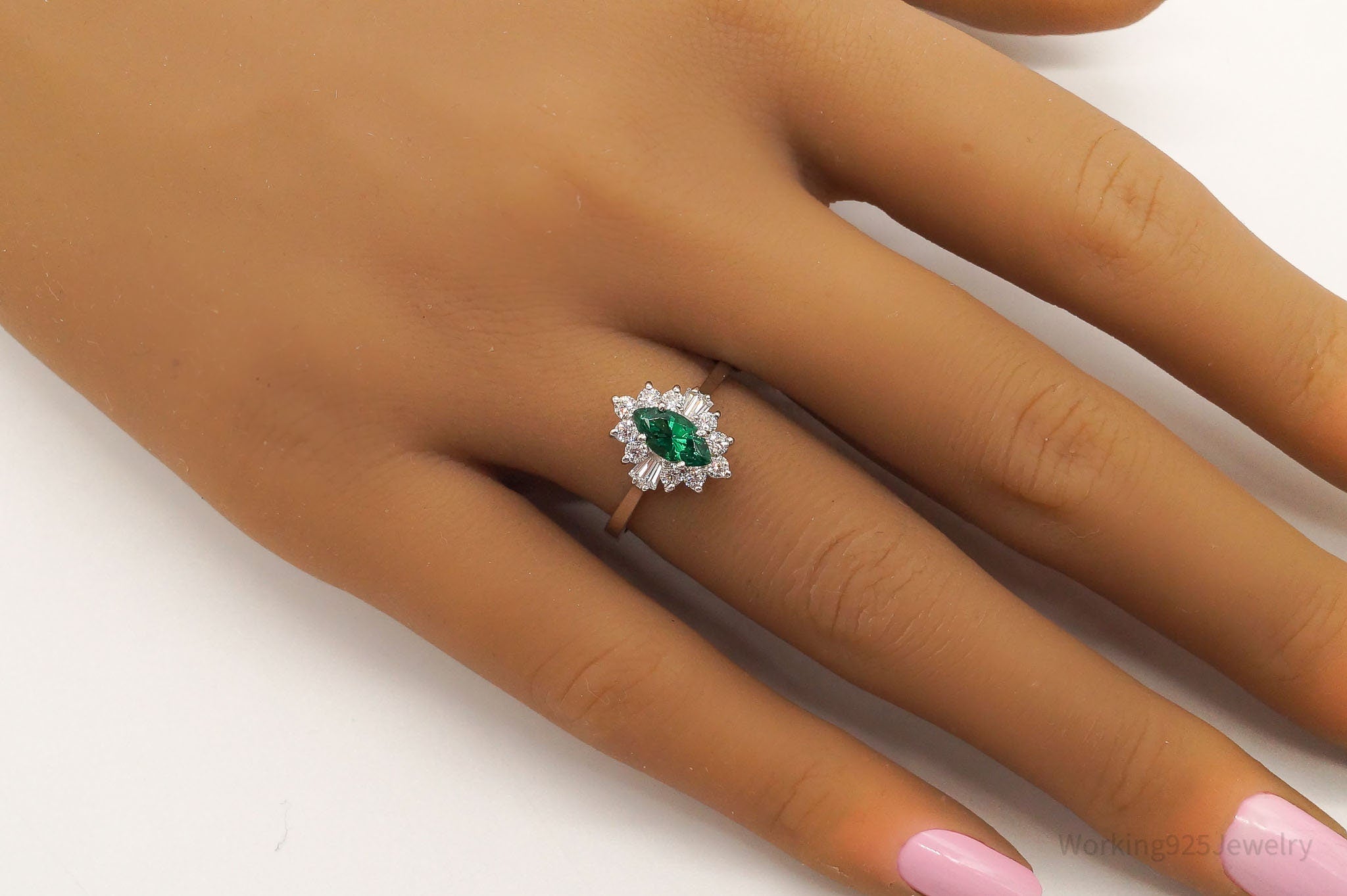 Vintage Lab Emerald Cubic Zirconia Sterling Silver Ring - Size 6.75