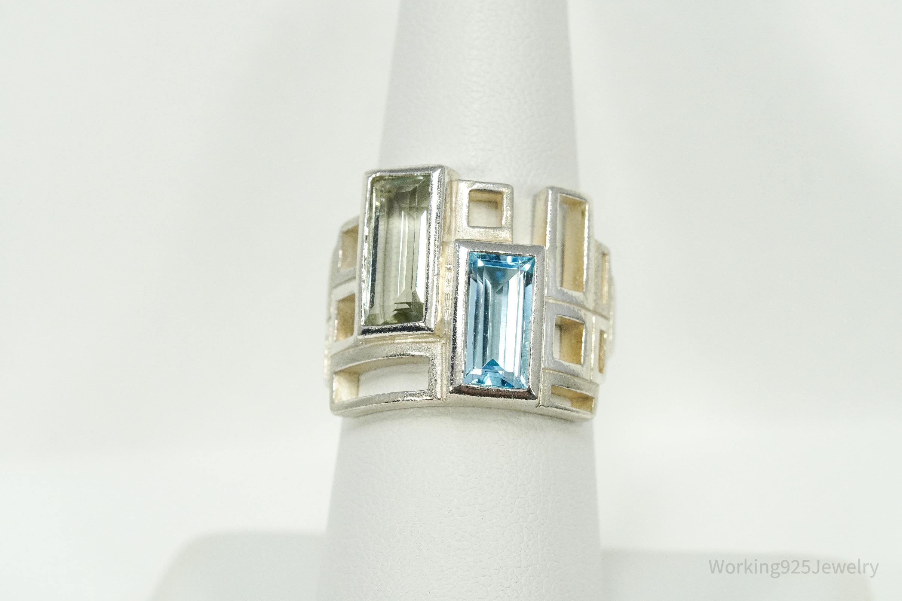 Vintage Green Amethyst & Blue Topaz Modernist Style Sterling Silver Irish Ring - Size 7.25