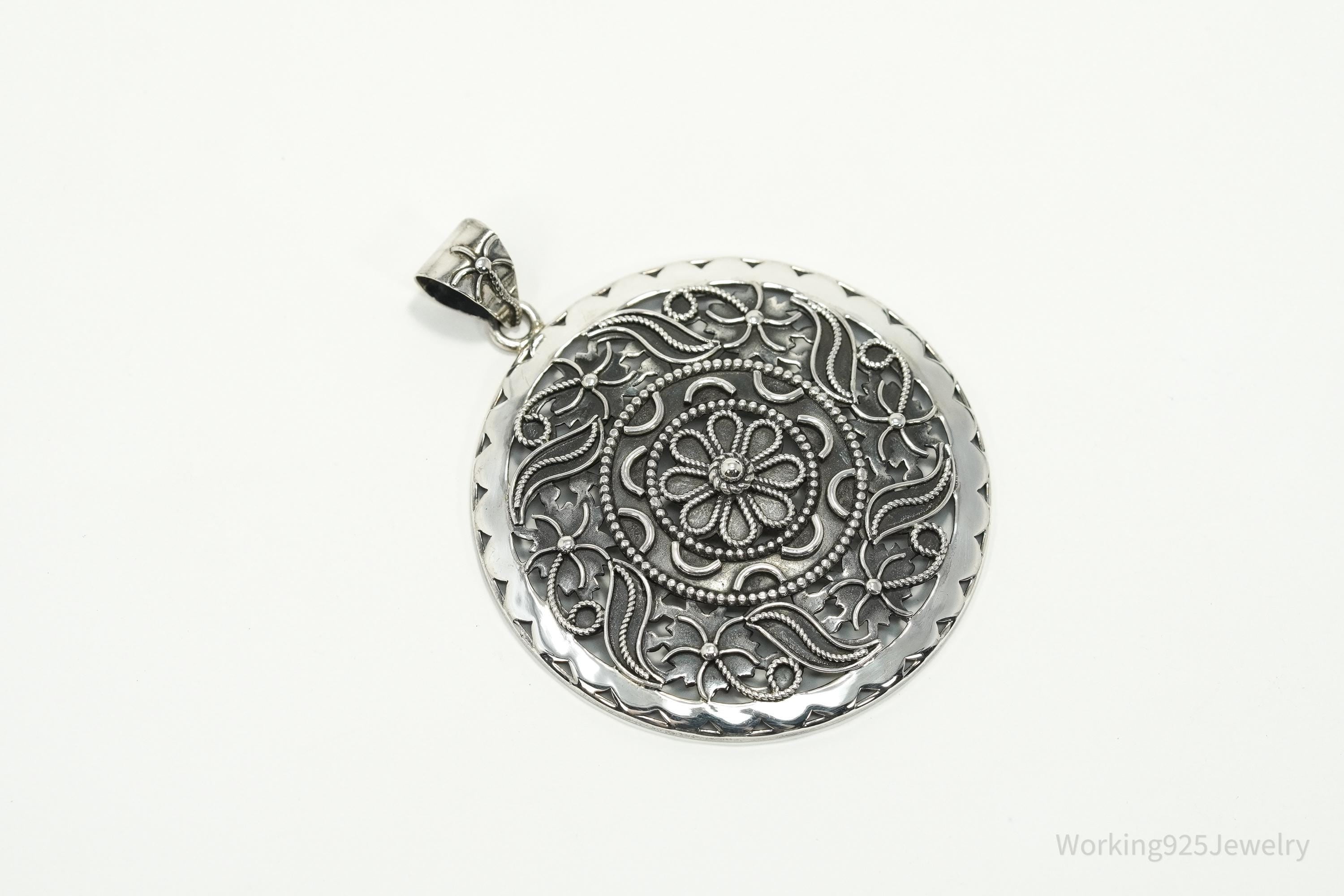 Large Vintage India Designer Doug Paulus Ornate Flower Sterling Silver Pendant