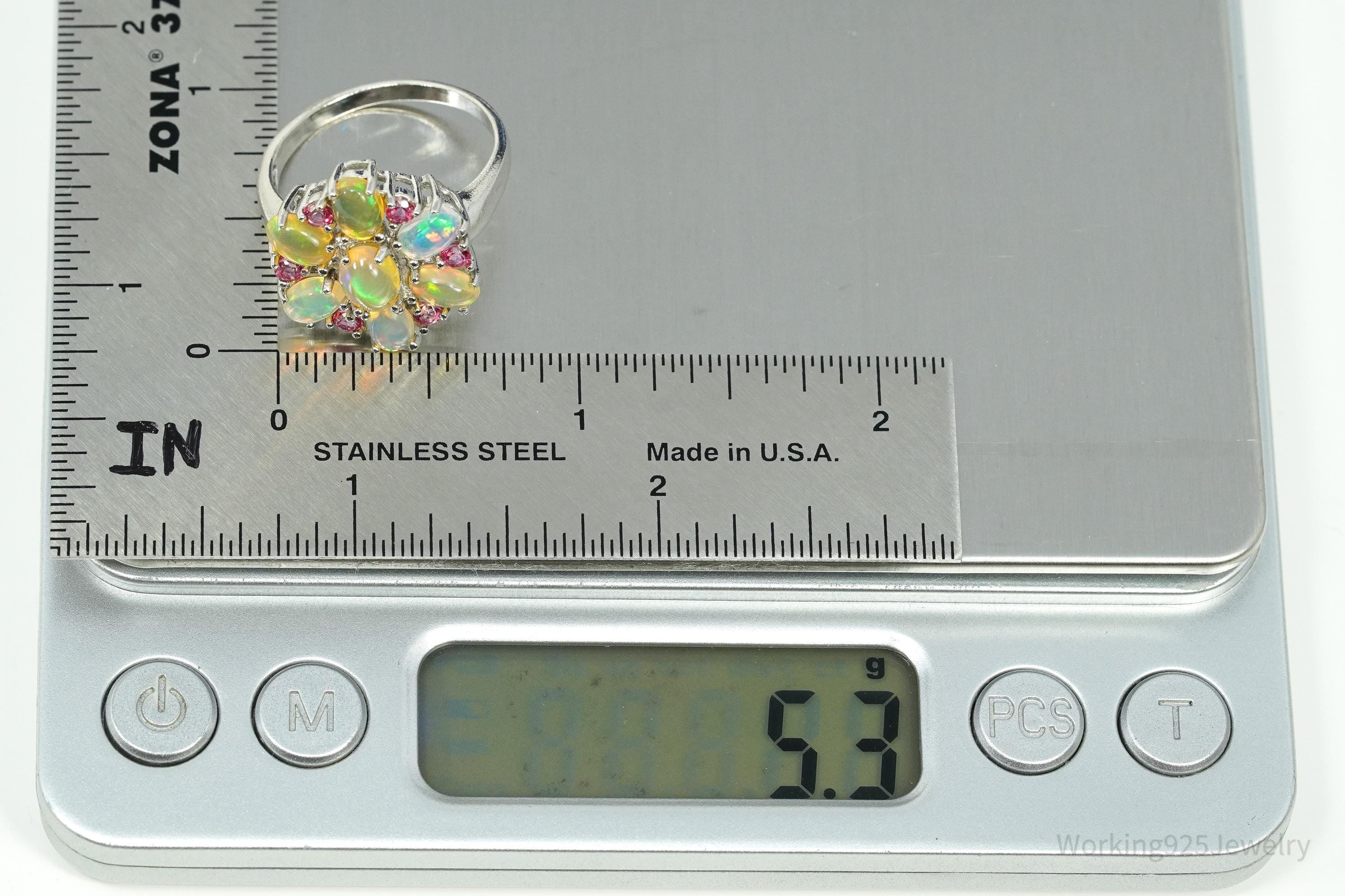 Vintage Opal & Pink Topaz Sterling Silver Ring - Size 9