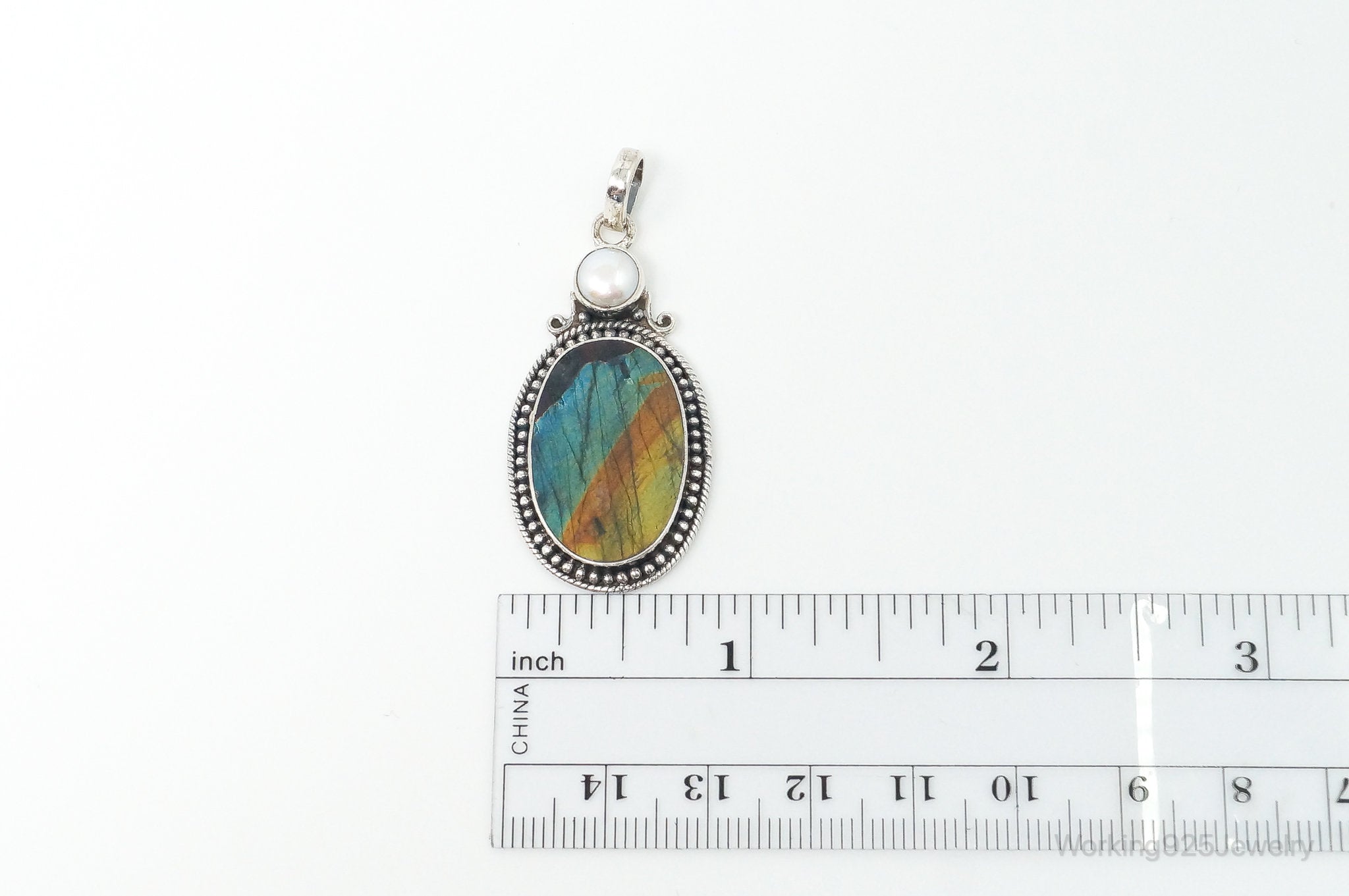 Vintage Large Labradorite Pearl Sterling Silver Necklace Pendant