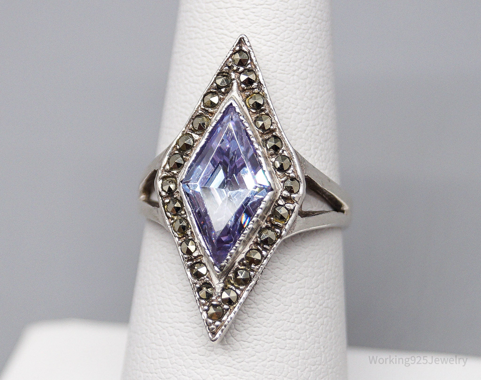 Vintage Purple Cubic Zirconia & Marcasite Sterling Silver Ring - Size 6.75