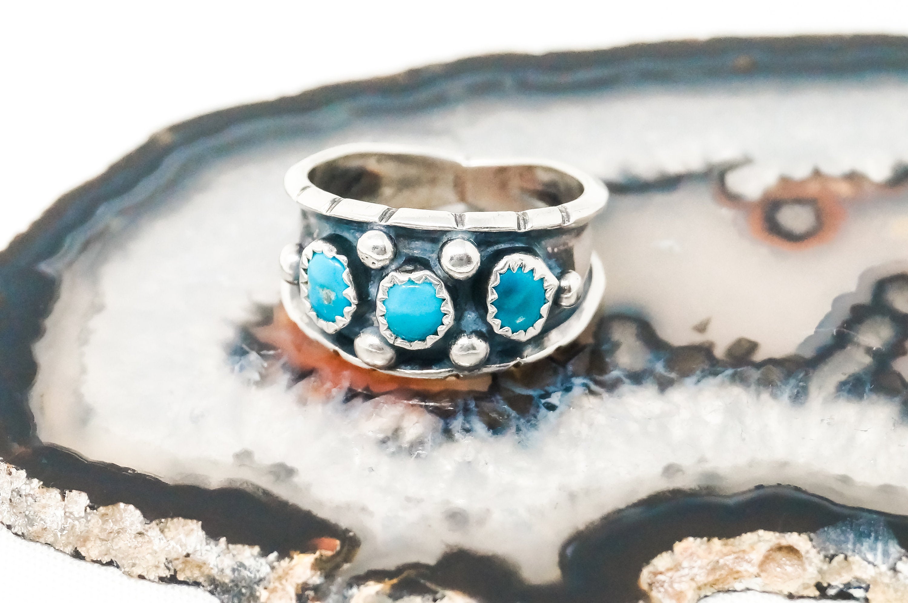 Vintage Native American Navajo Rose Castillo Turquoise Sterling Ring Sz 9.75