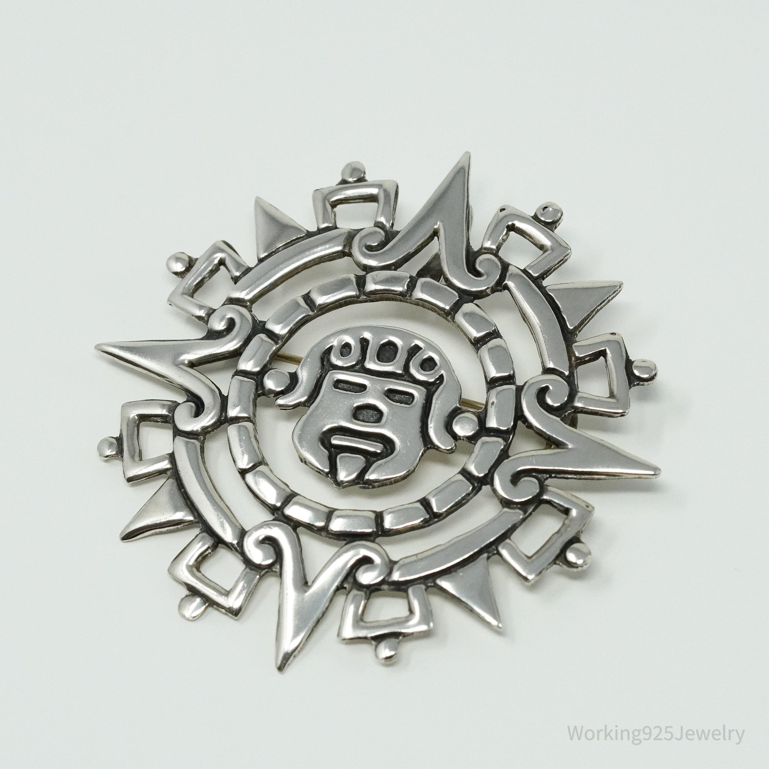Large Vintage Mexico Aztec Mayan Sterling Silver Brooch Pin Pendant