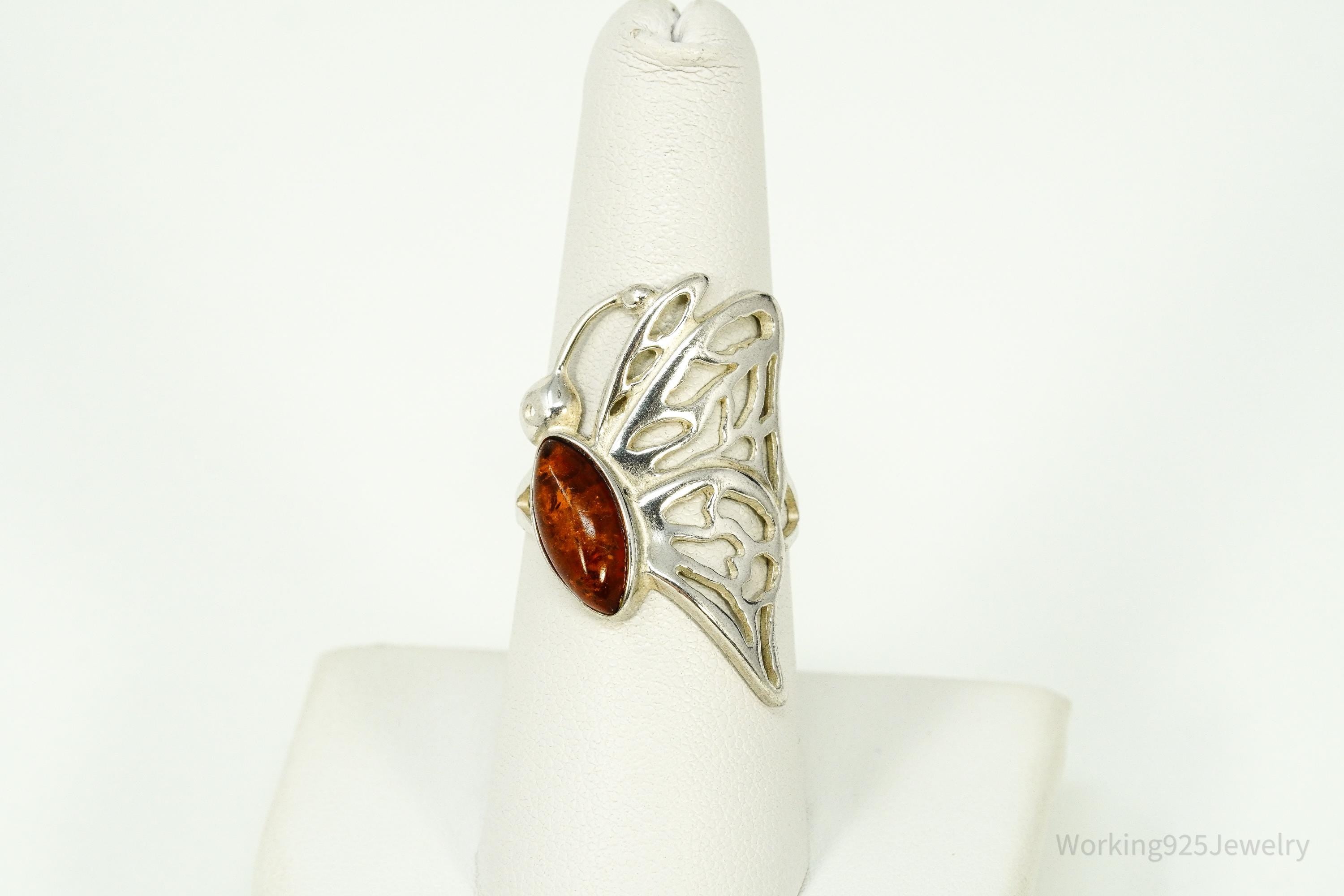 Vintage Amber Butterfly Sterling Silver Ring - Size 7.5