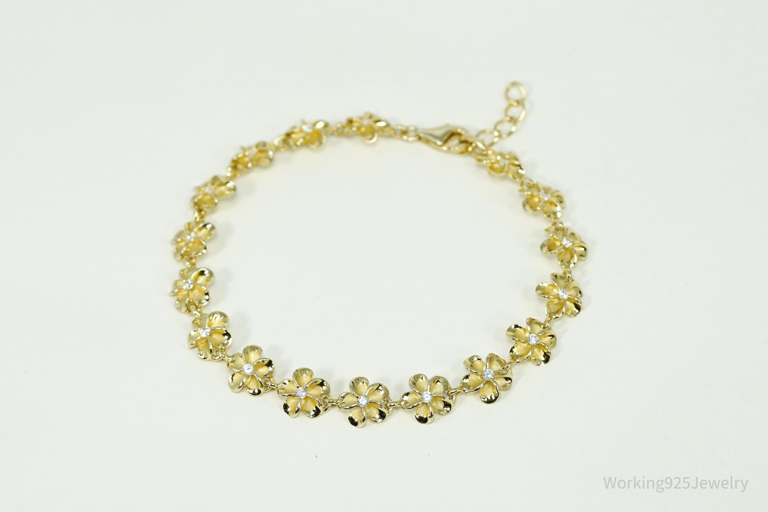 Vintage Cubic Zirconia Gold Vermeil Sterling Silver Flowers Tennis Bracelet 7.75"