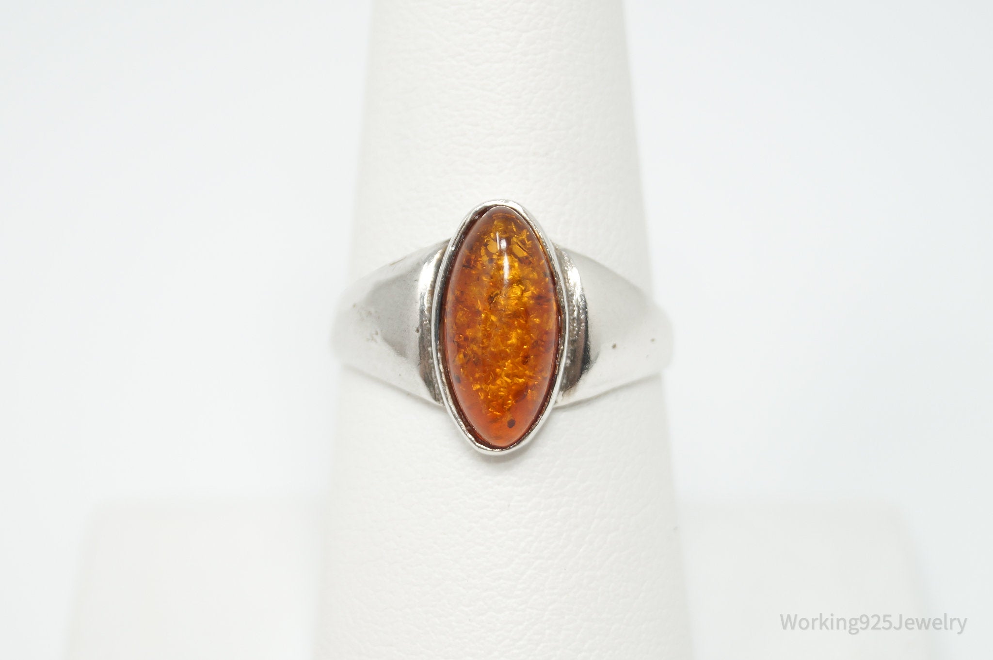 Vintage Modernist Amber Sterling Silver Statement Ring - Size 8