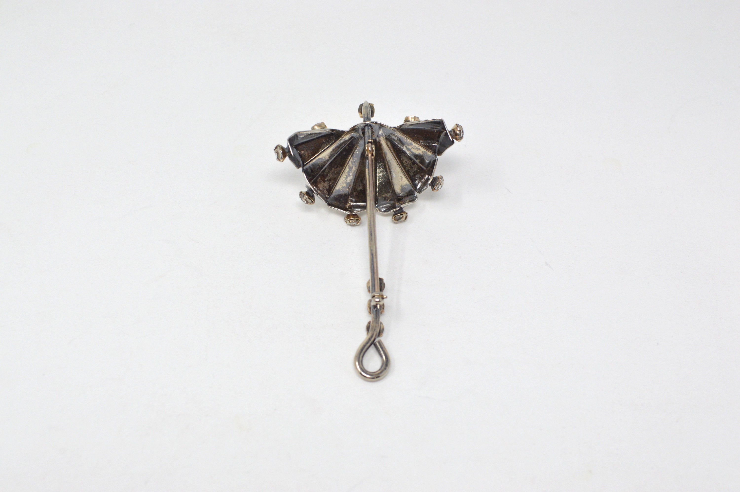 Vintage Rhinestone and Sterling Silver Umbrella Brooch / Pin -