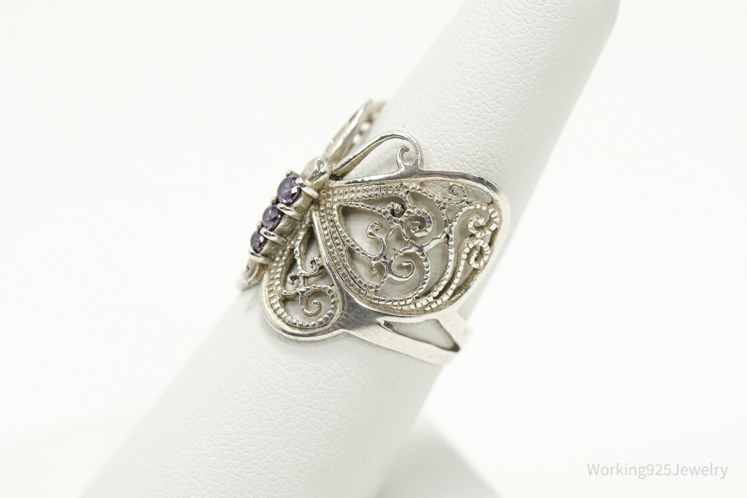 Vintage Amethyst Butterfly Sterling Silver Ring - Size 7.75