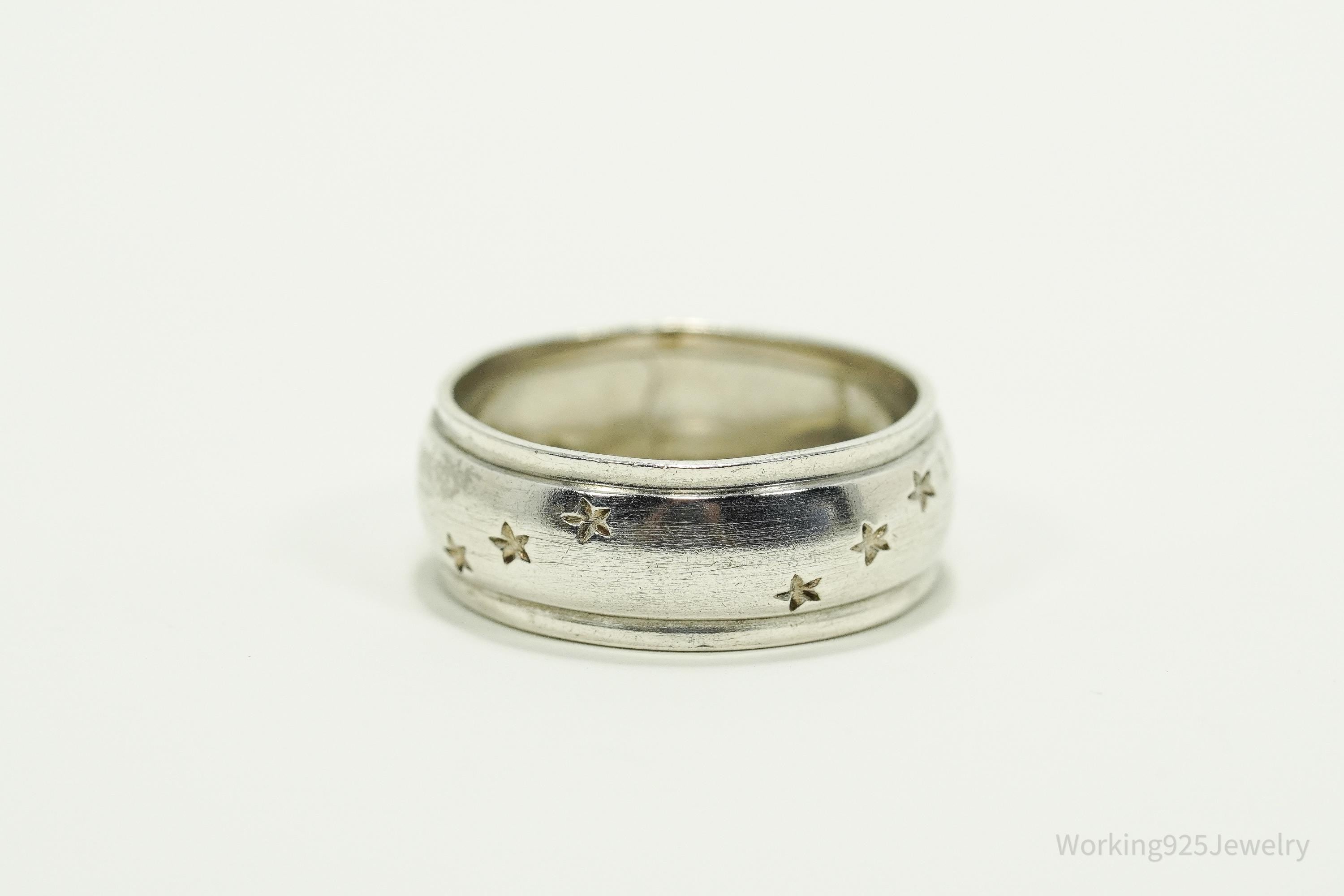Antique Stars Pattern Sterling Silver Band Ring - Size 7.25