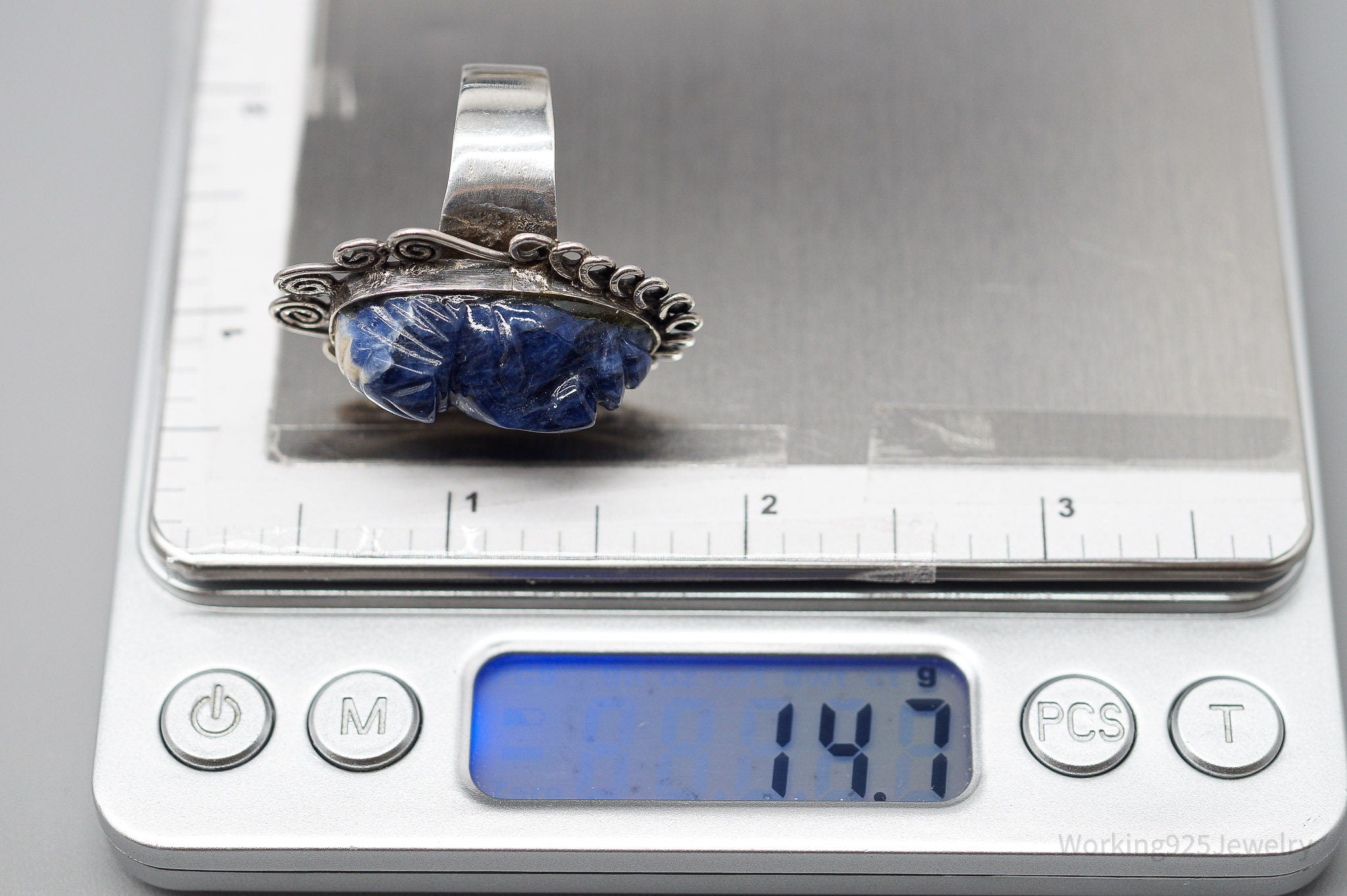 Vintage Carved Sodalite Aztec Mayan Mask Sterling Silver Ring Size 10.5