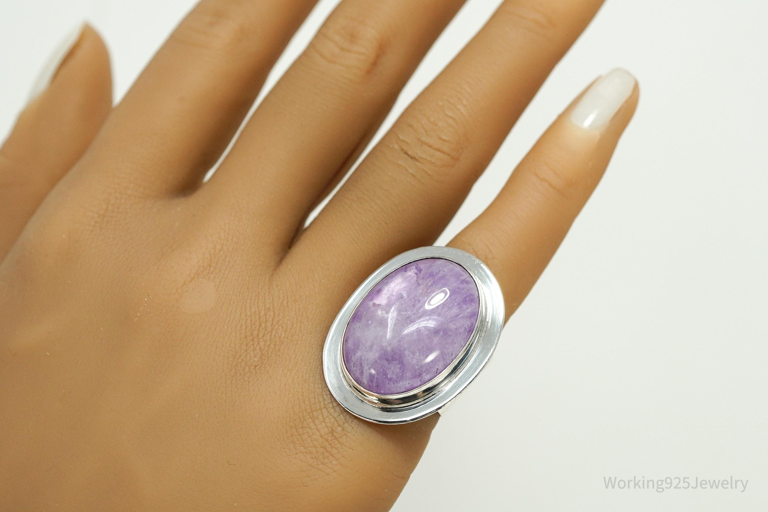 Vintage Mexico Modernist Dominique Dinouart Large Amethyst Sterling Silver Ring - Size 6.75