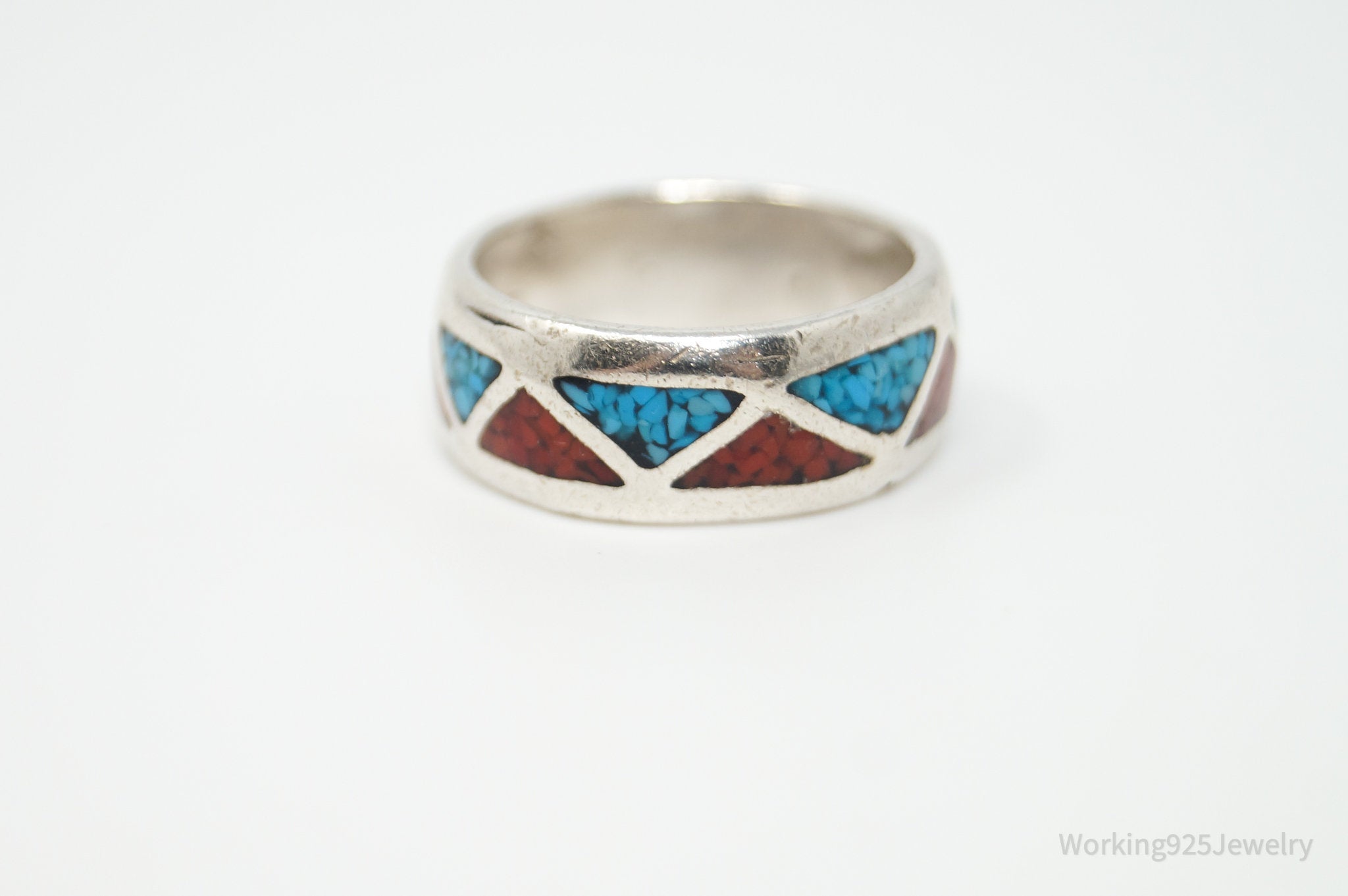 Vtg Southwestern Crushed Turquoise Coral Sterling Silver Ring - Sz 4