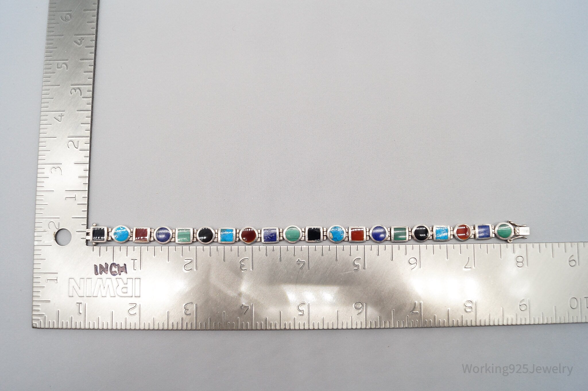 Vintage Multi Gemstone Inlay Sterling Silver Bracelet 8"