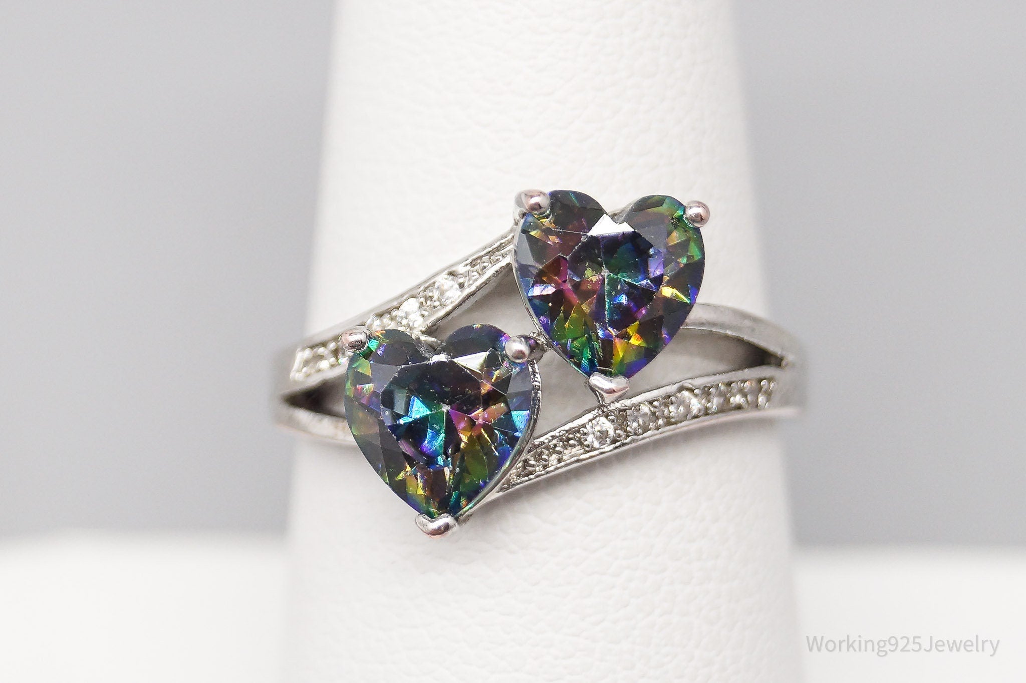 Vintage Faux Mystic Topaz Hearts & Cubic Zirconia Sterling Silver Plated Ring SZ 8