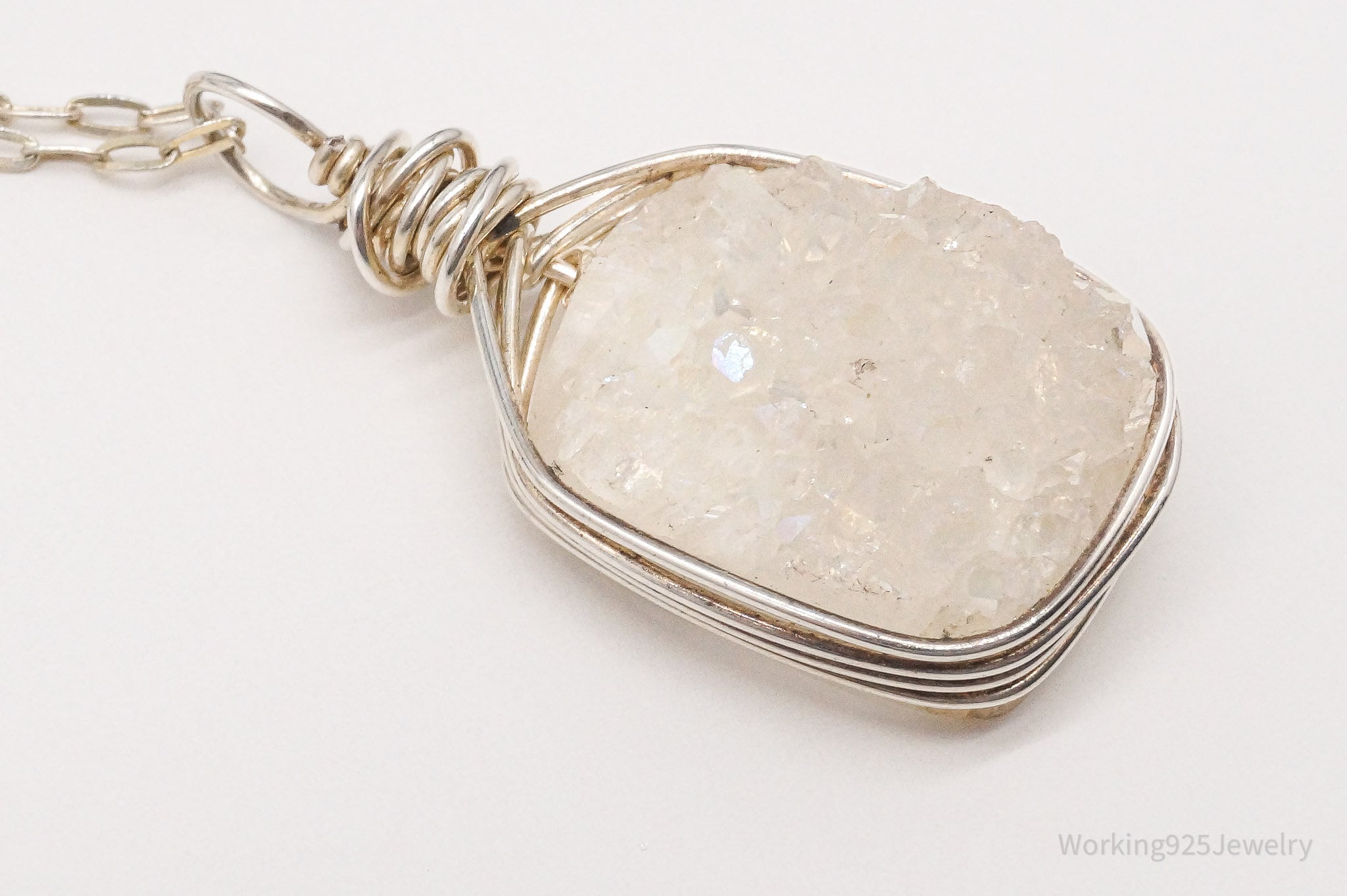 Vintage White Druzy Quartz Sterling Silver Chain Necklace 18"