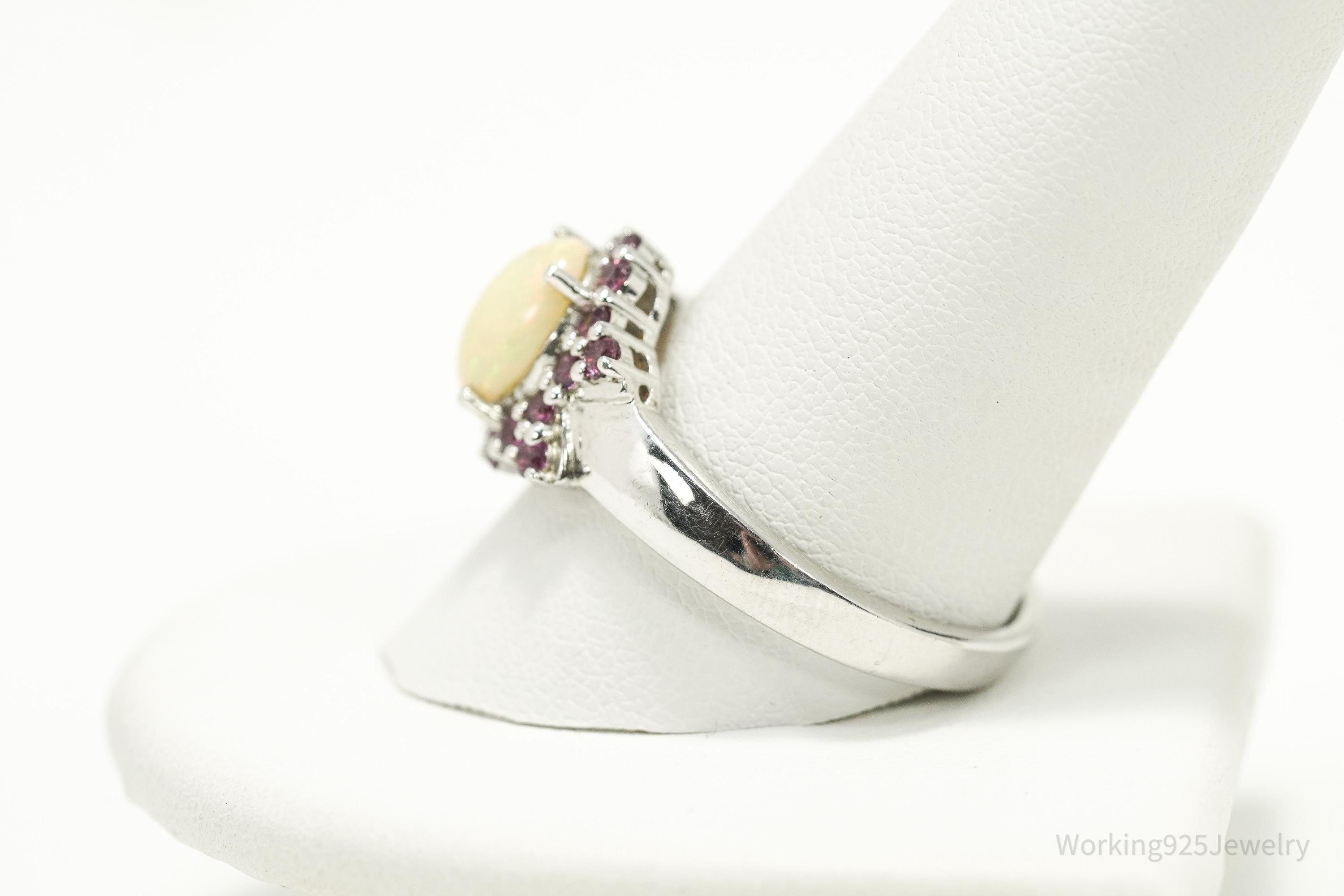 Vintage Opal & Purple Garnet Sterling Silver Cluster Ring – Size 11.5
