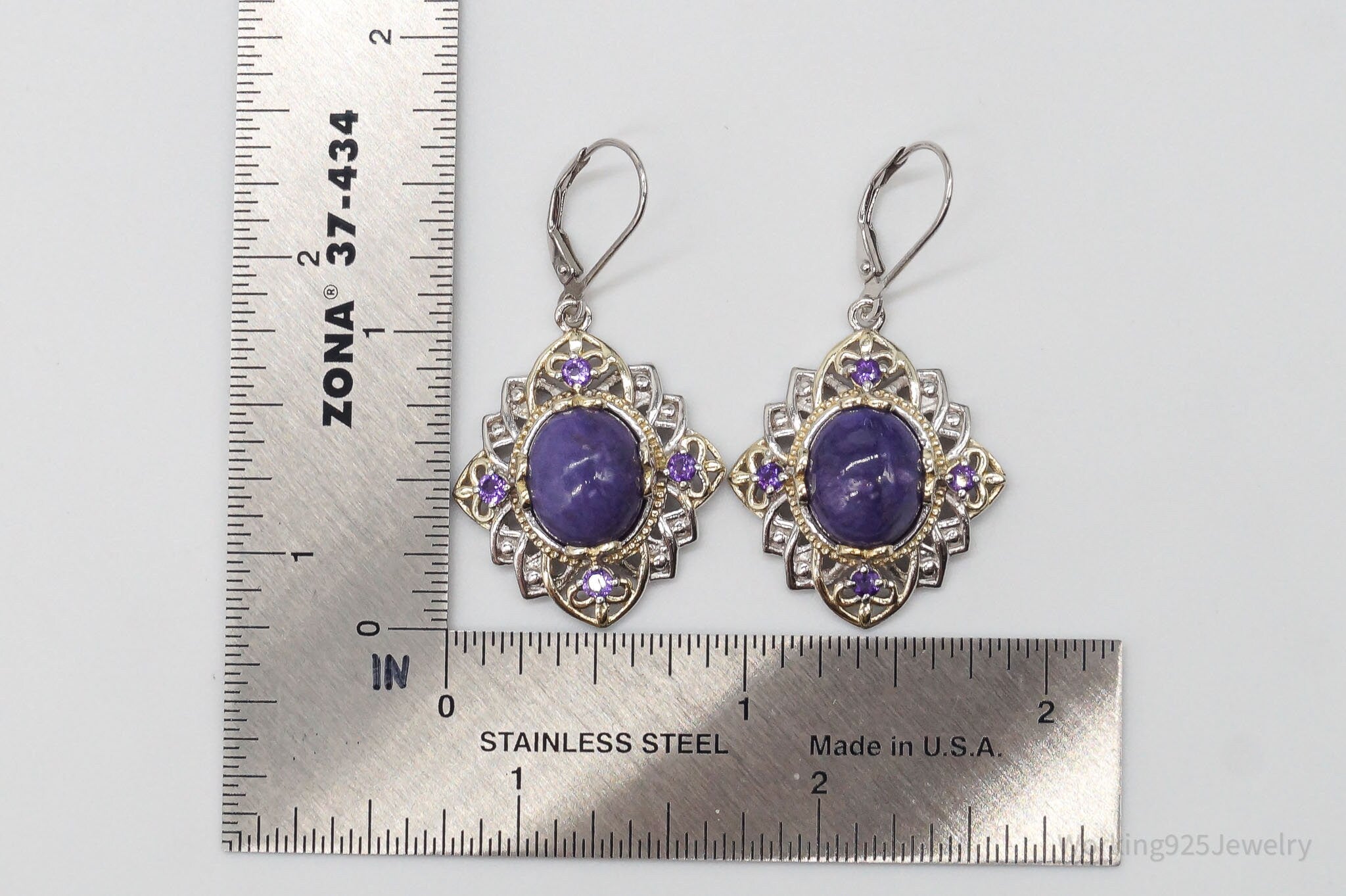 Vintage Charoite Amethyst Gold Vermeil Sterling Silver Earrings