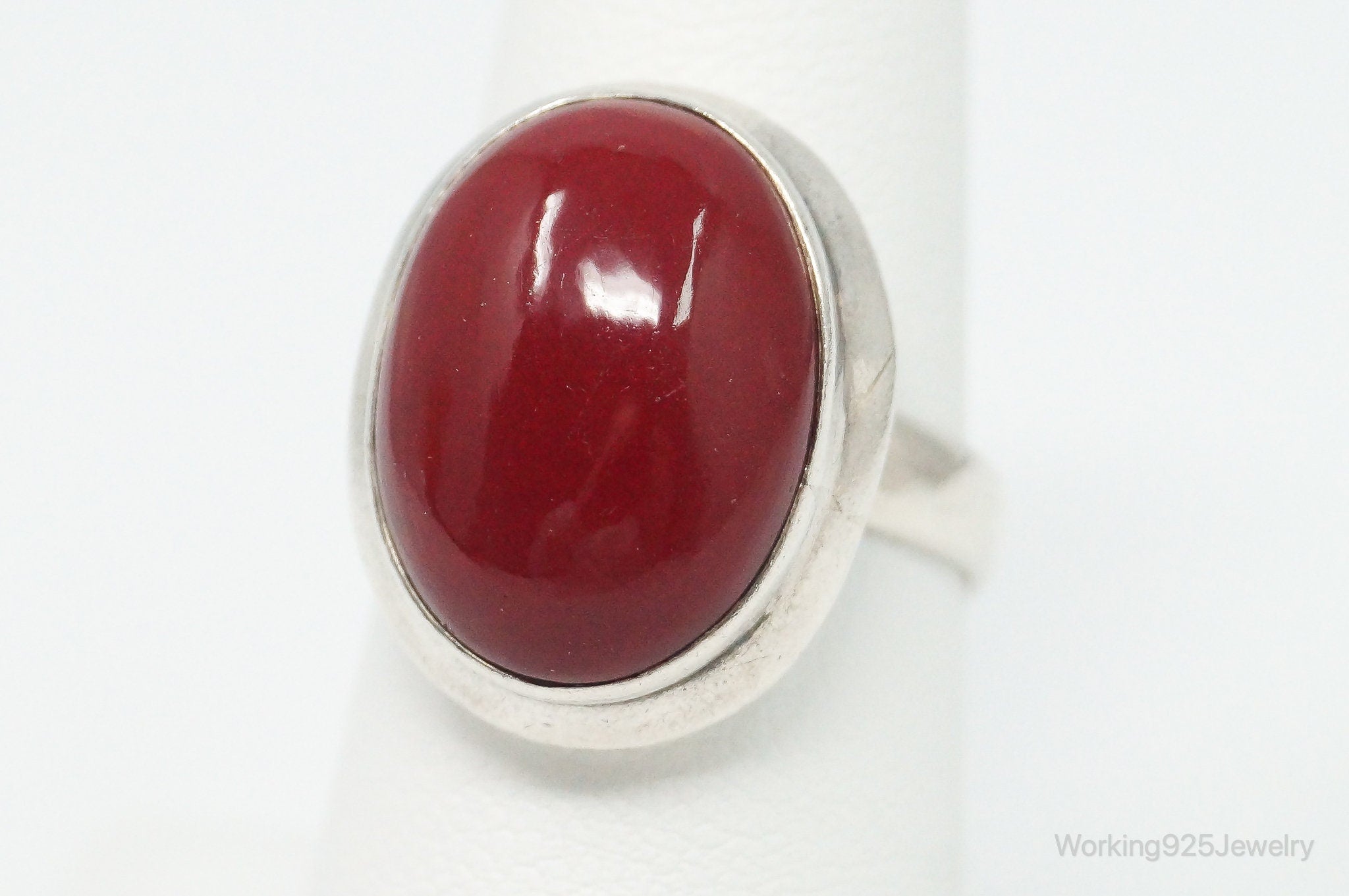 Vintage Large Red Gemstone Sterling Silver Ring - Size 8