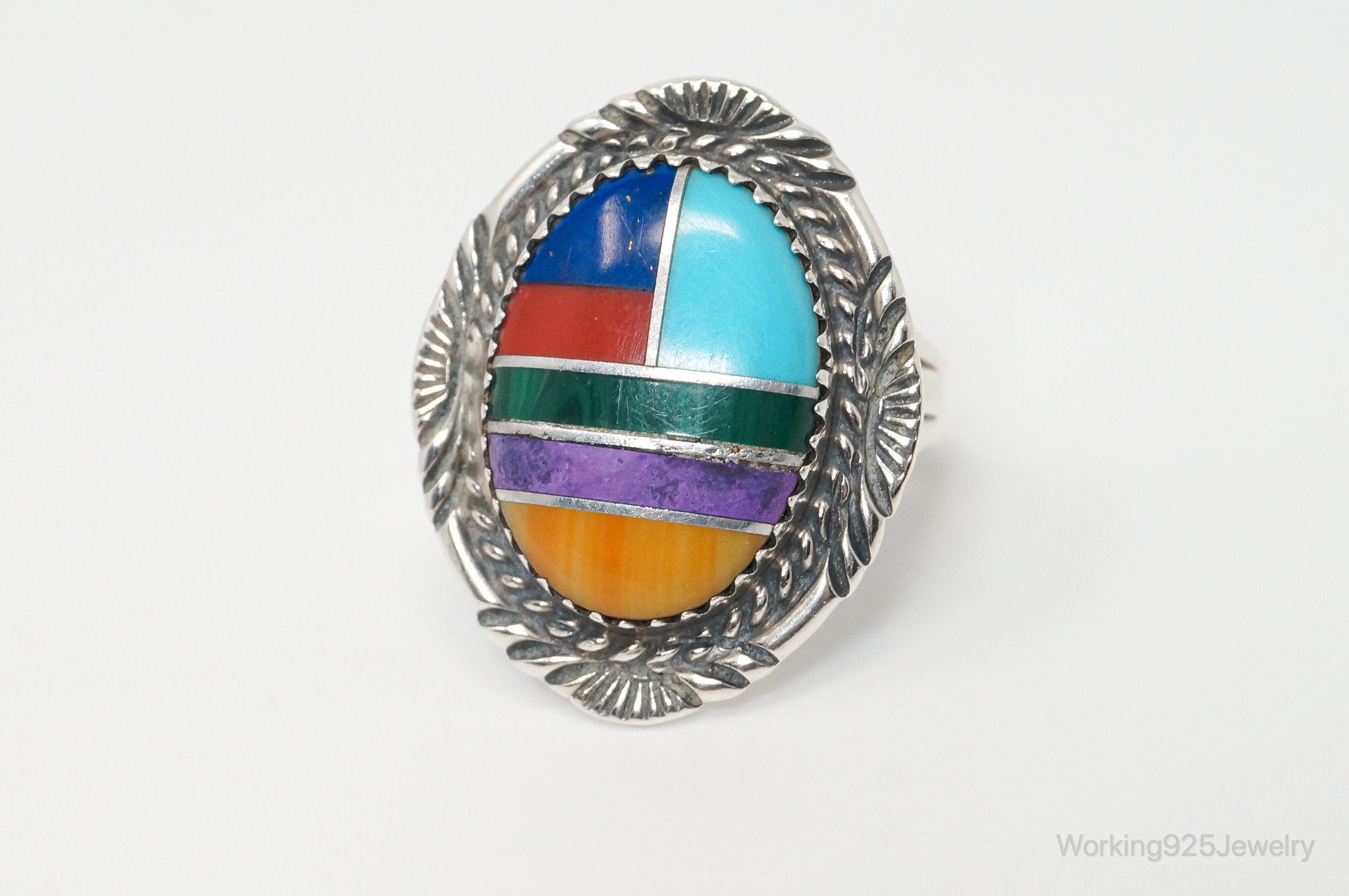 Vtg Native American Multi Gem Inlay Unsigned Sterling Silver Ring - Sz 6.25