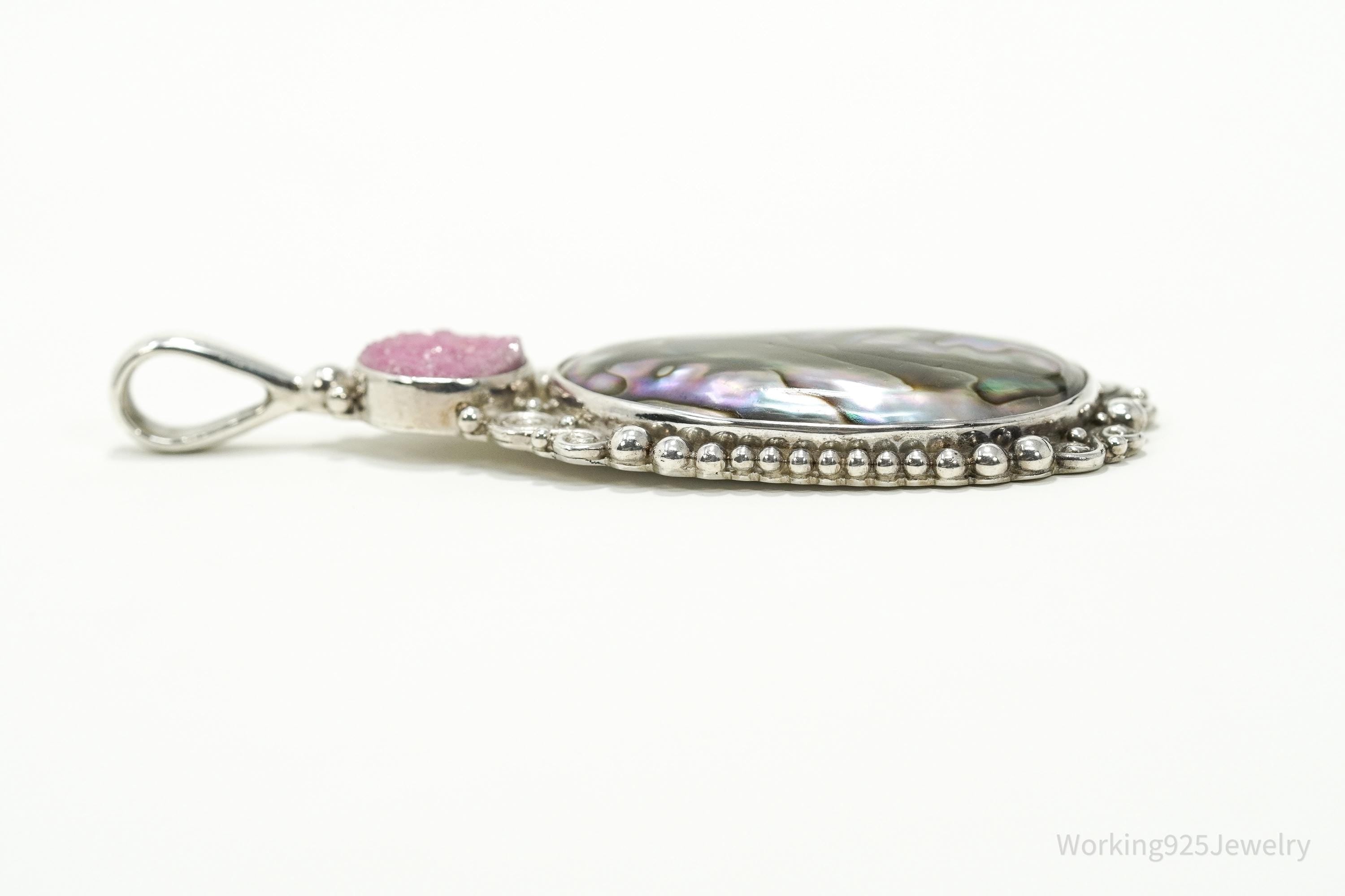 Vintage Designer SAJEN Paua Abalone & Pink Druzy Quartz Sterling Silver Pendant