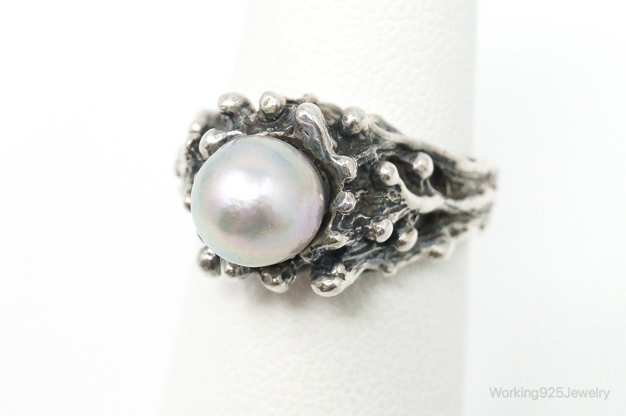 Vintage Pearl Brutalist Sterling Silver Ring - Size 5