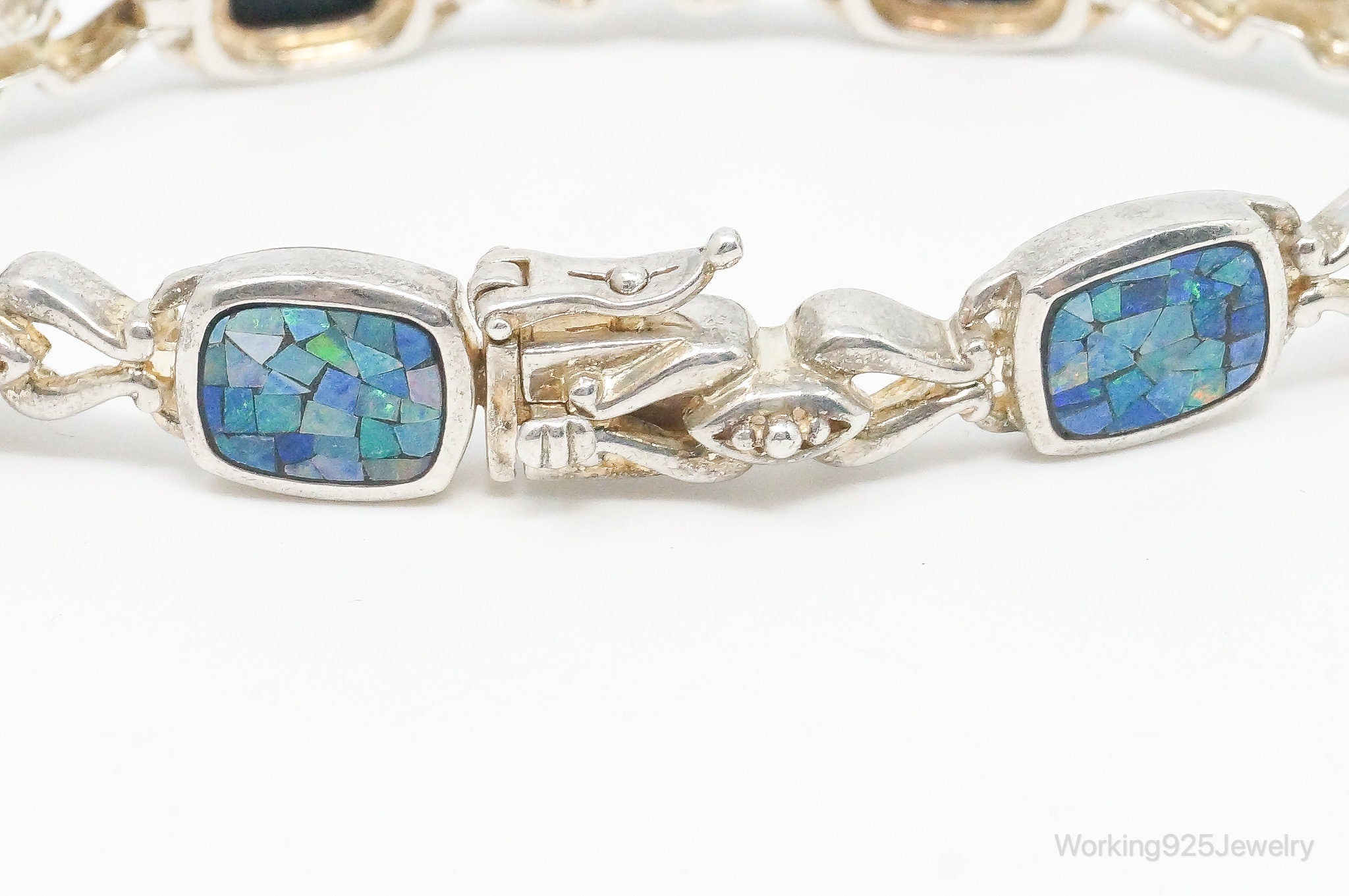 Vintage Mosaic Blue Fire Opal Inlay Sterling Silver Bracelet