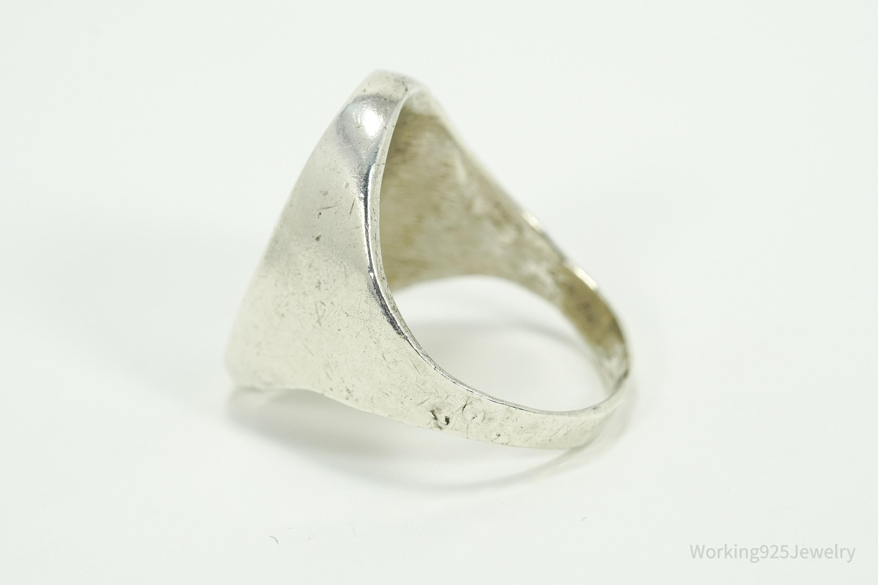 Vintage Native American Turquoise Inlay Heavy Silver Ring - Size 12.25