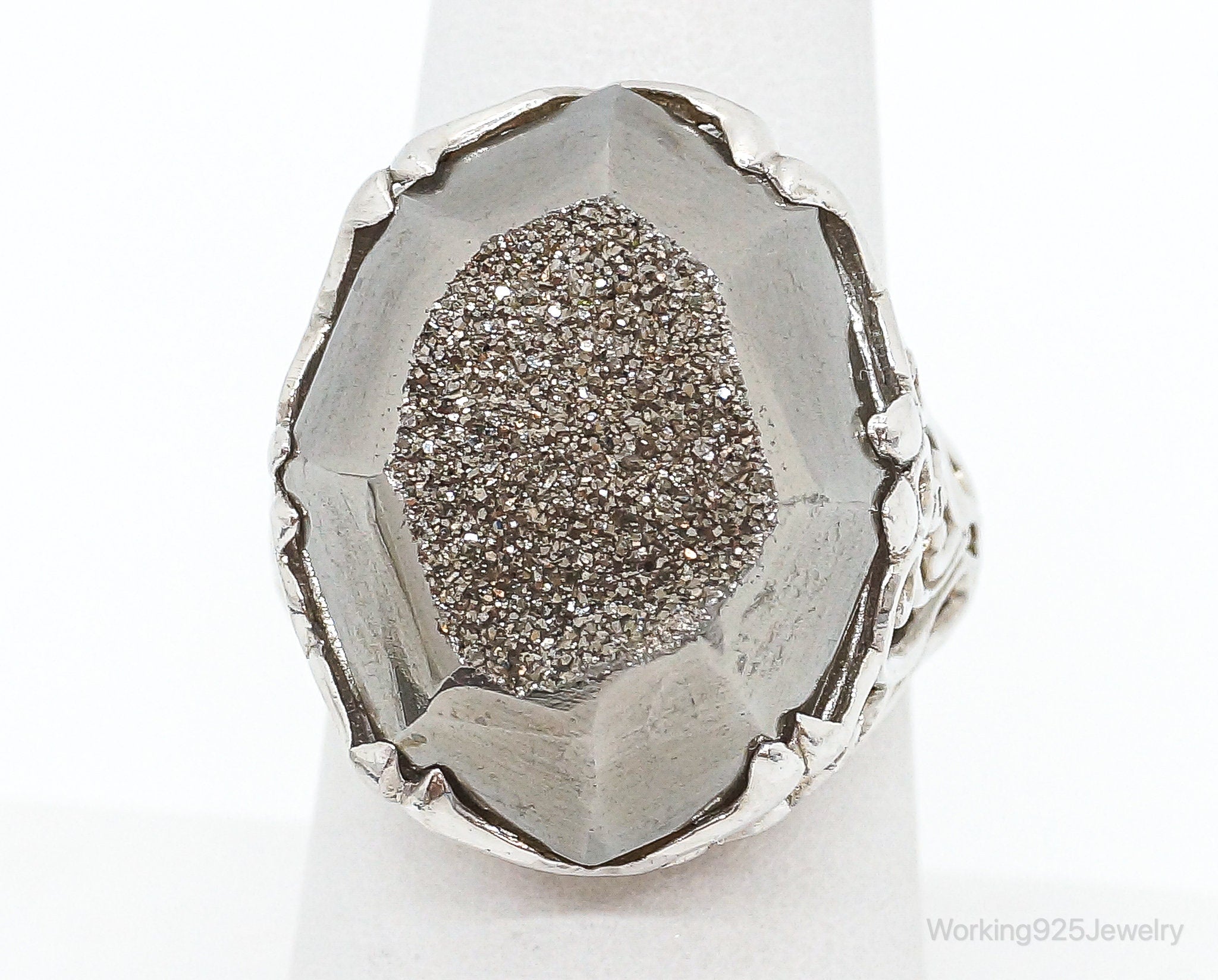 Vintage Large Druzy Quartz Sterling Silver Ring Size 7.25