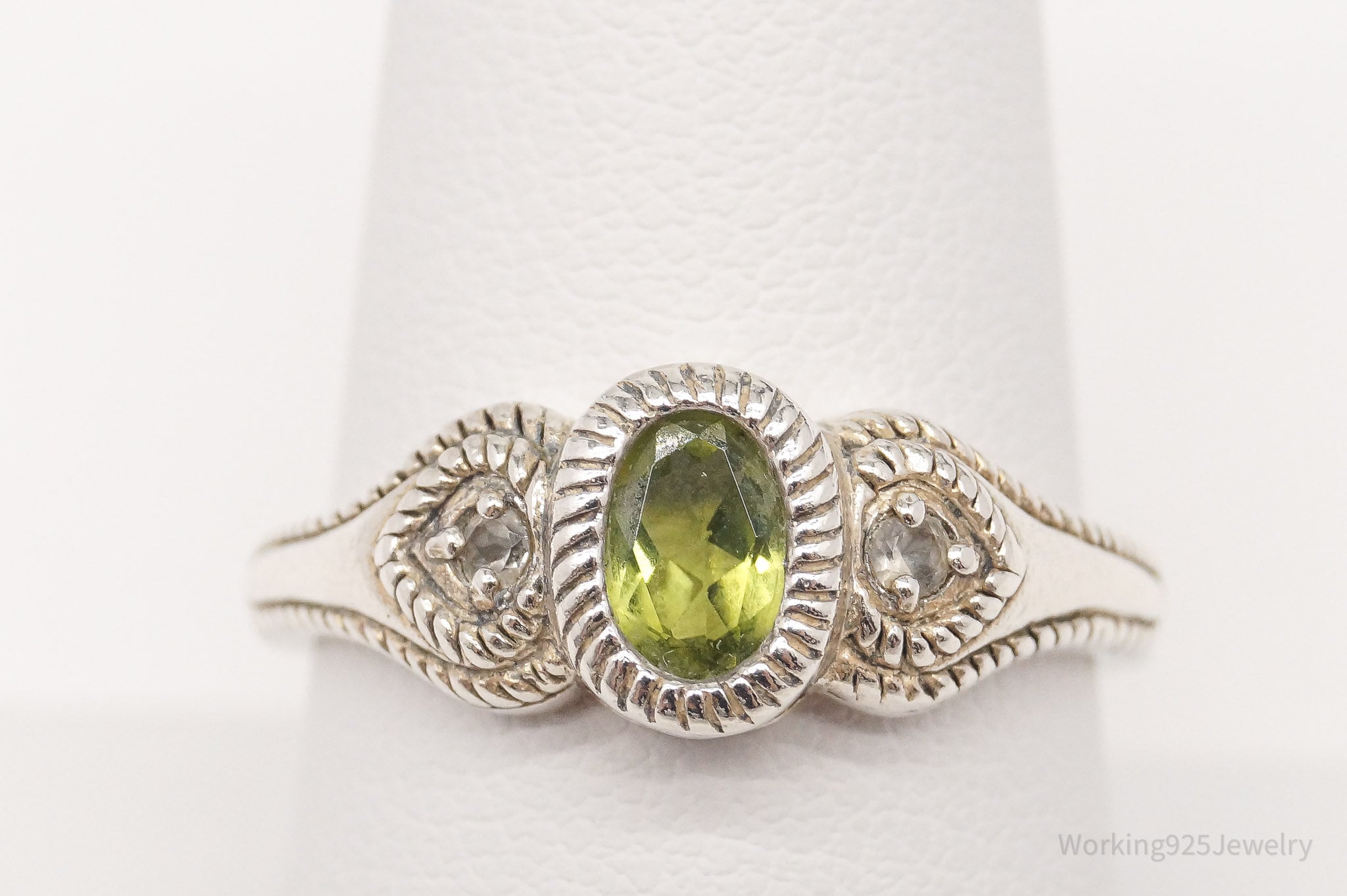 Vintage Designer Peridot & White Topaz Sterling Silver Ring - Size 8.75