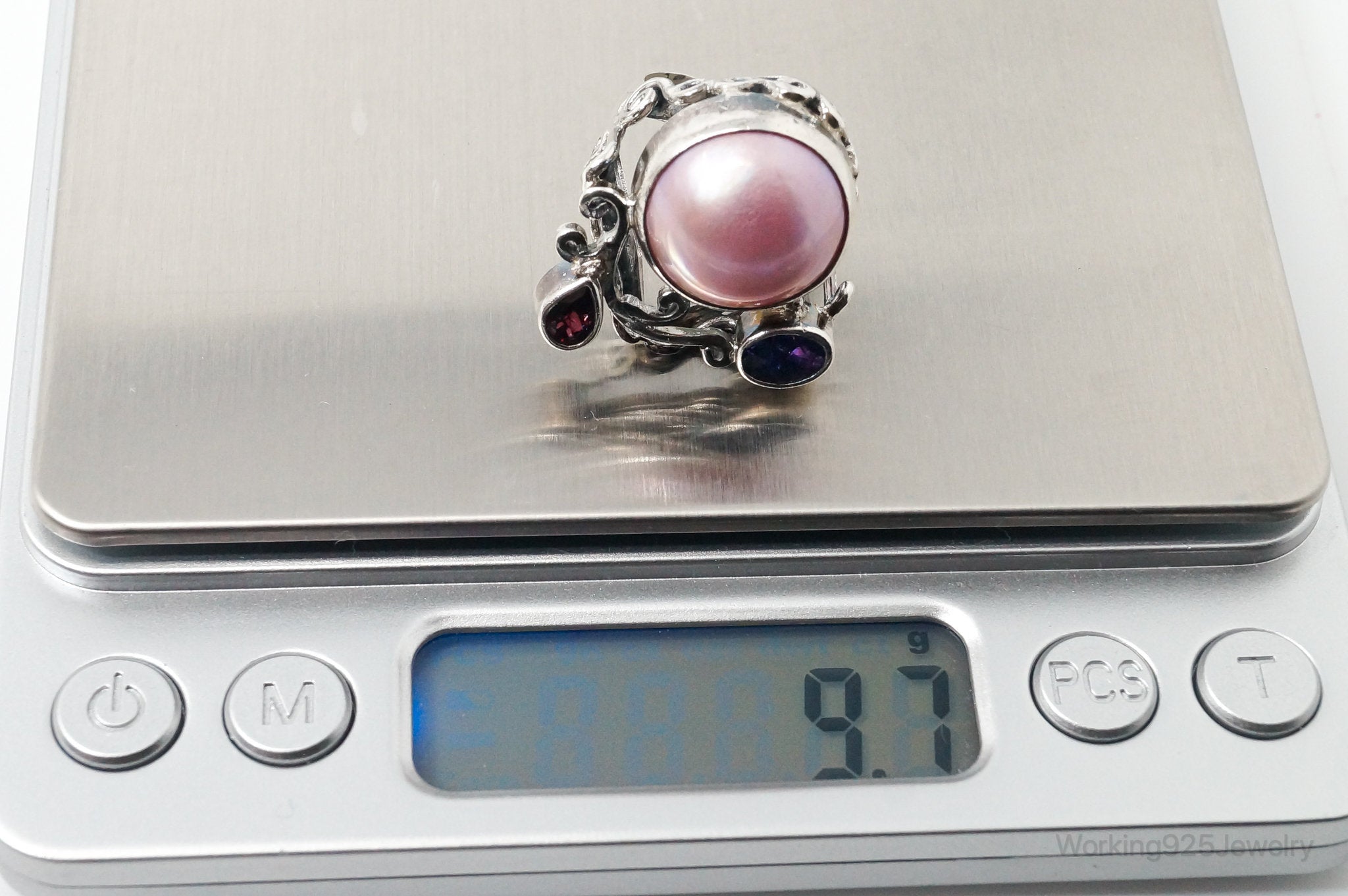 Designer BC Pink Pearl Amethyst Garnet Sterling Silver Statement Ring SZ 6.25